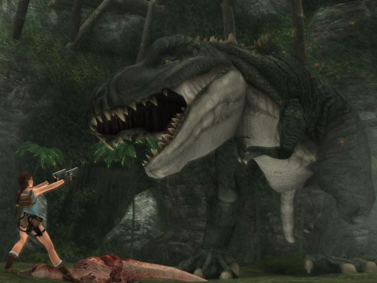 Лара из Tomb Raider: Anniversary против тираннозавра