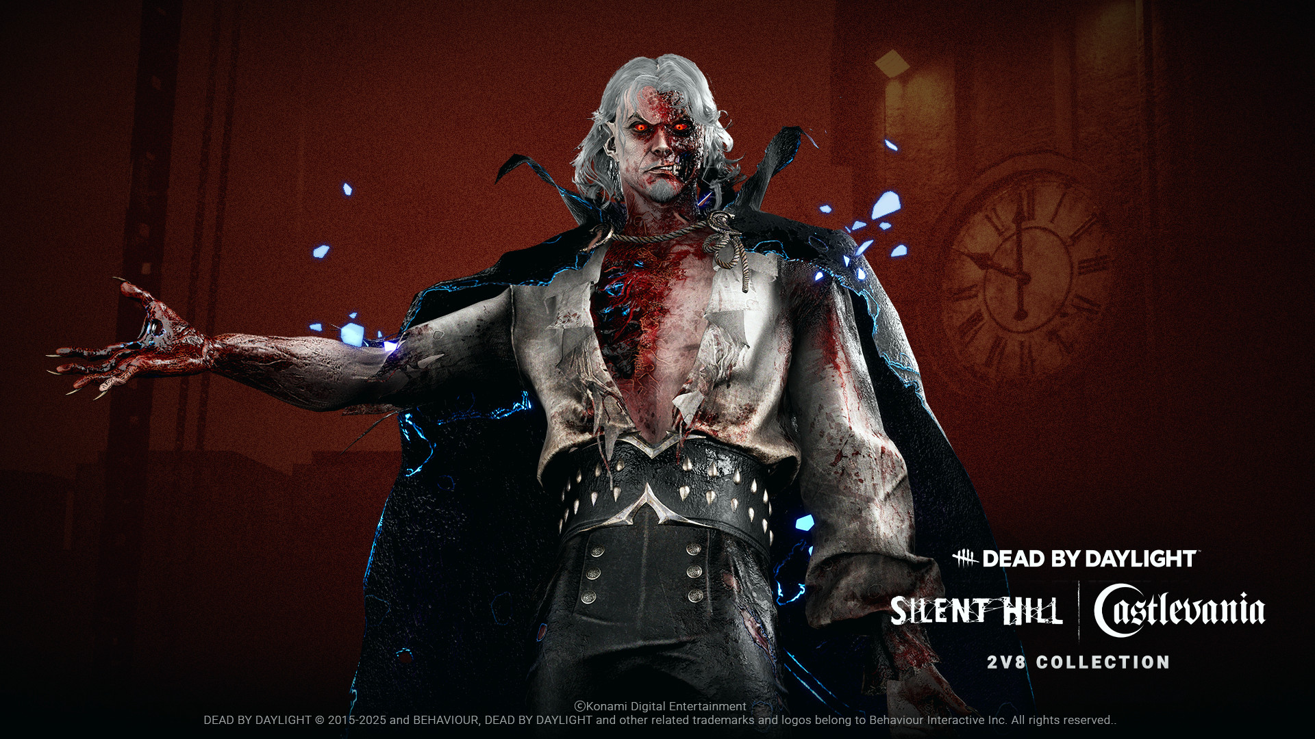 Изображение нового облика Dead by Daylight для The Dark Lord, то есть Дракулы из Castlevania: белая рубашка нараспашку, чёрный плащ, белые волосы и окровавленная обожжённая кожа на левой стороне лица