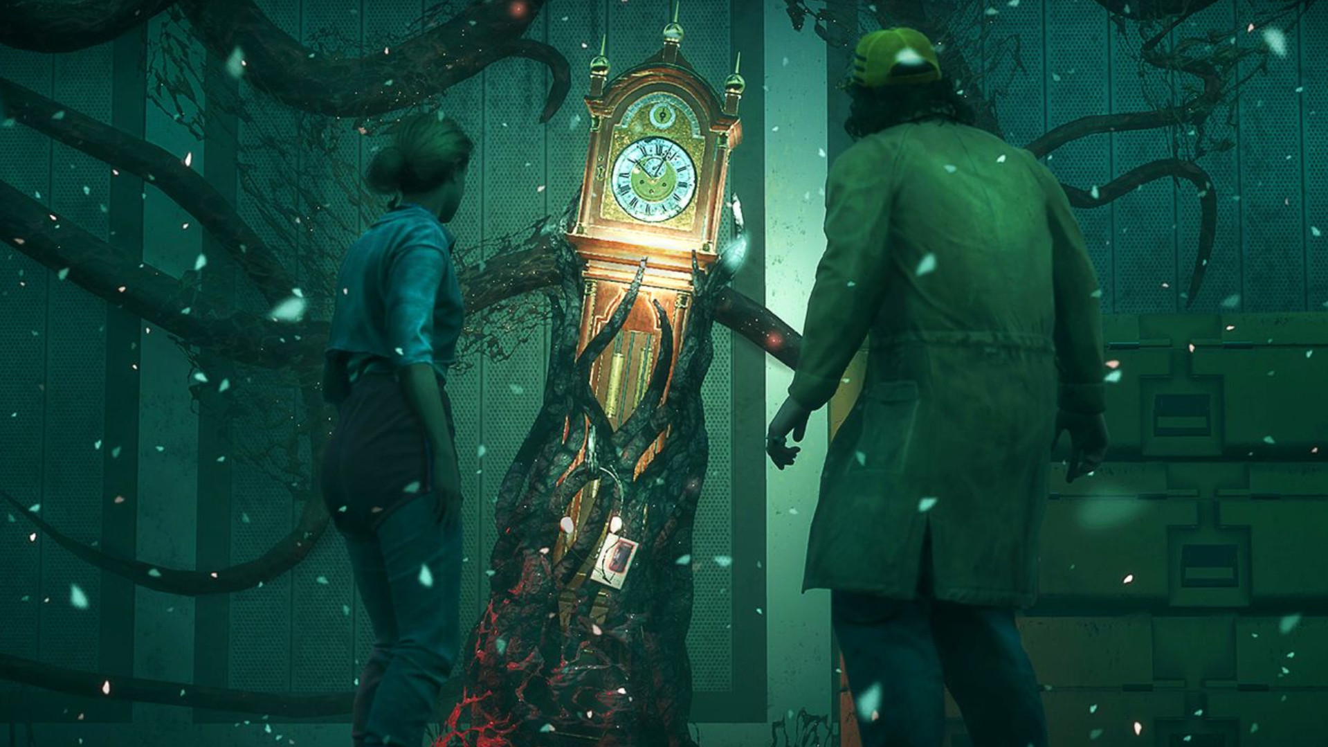 Оди и Дастин из Очень странные дела смотрят на старые напольные часы, оплетённые жуткими щупальцами