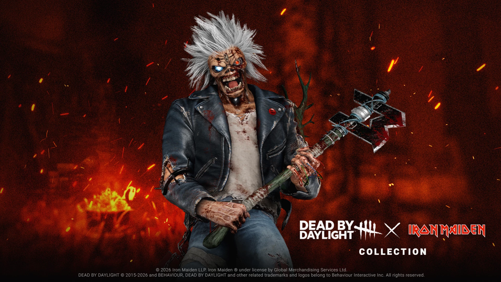 Изображение персонажа Dead by Daylight в костюме Эдди из Iron Maiden с гитарой в руках