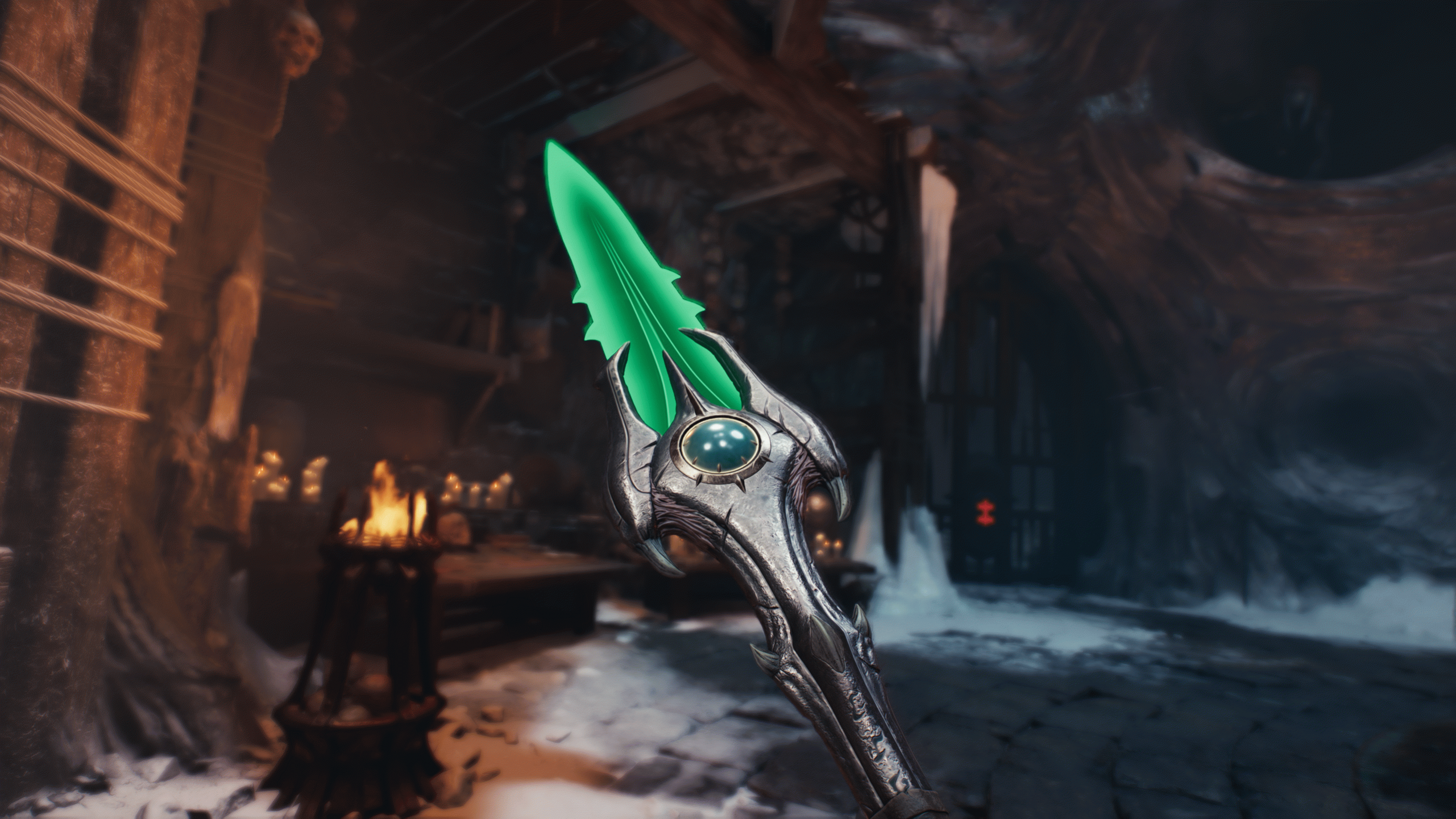 Doom: The Dark Ages – скриншот от первого лица, где Палач Рока рассматривает цепное копьё в крипте.