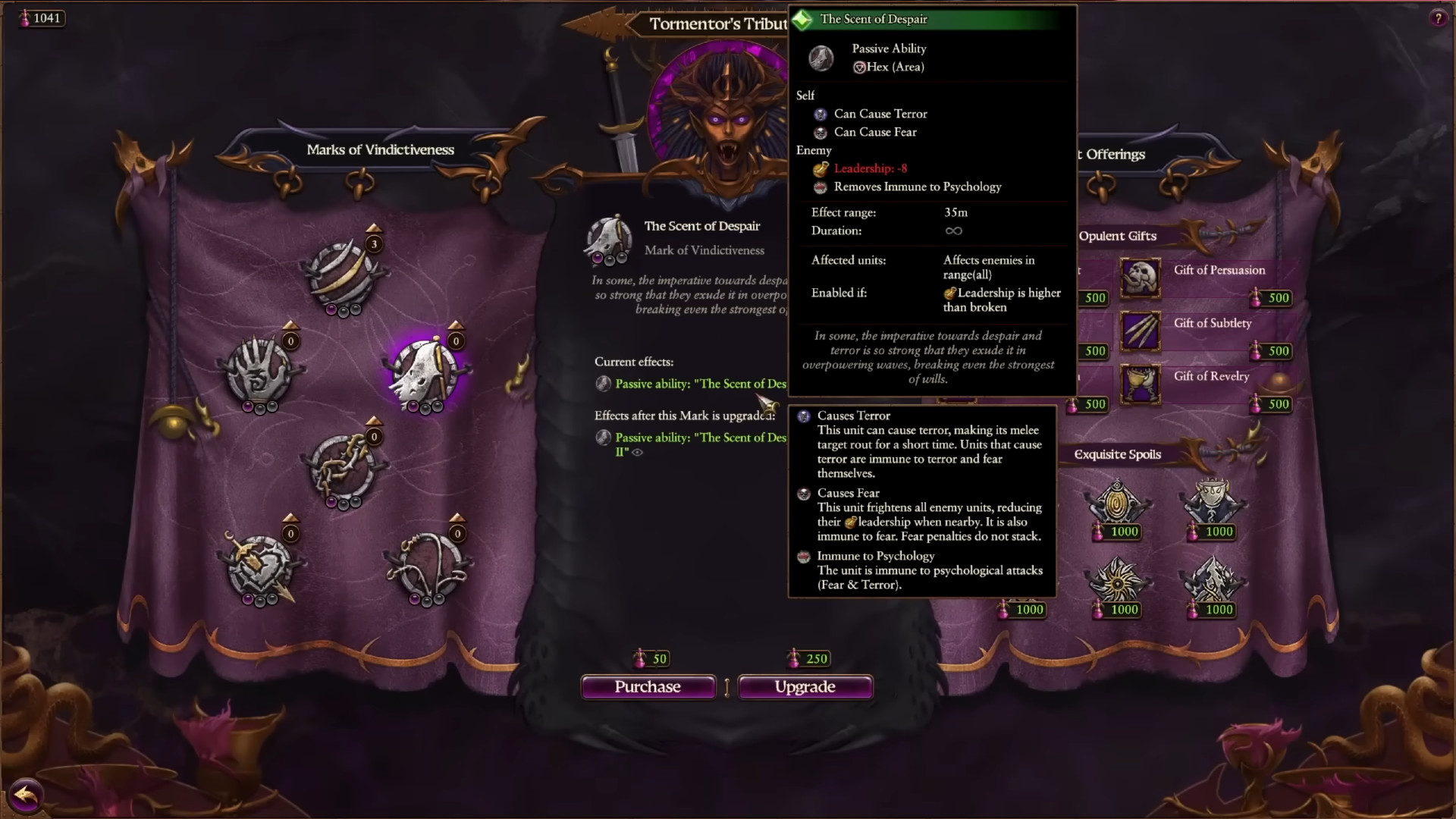 Total War Warhammer 3, геймплей за Дечалу — тратим упадок на «Метки мстительности» для временных бафов в бою.