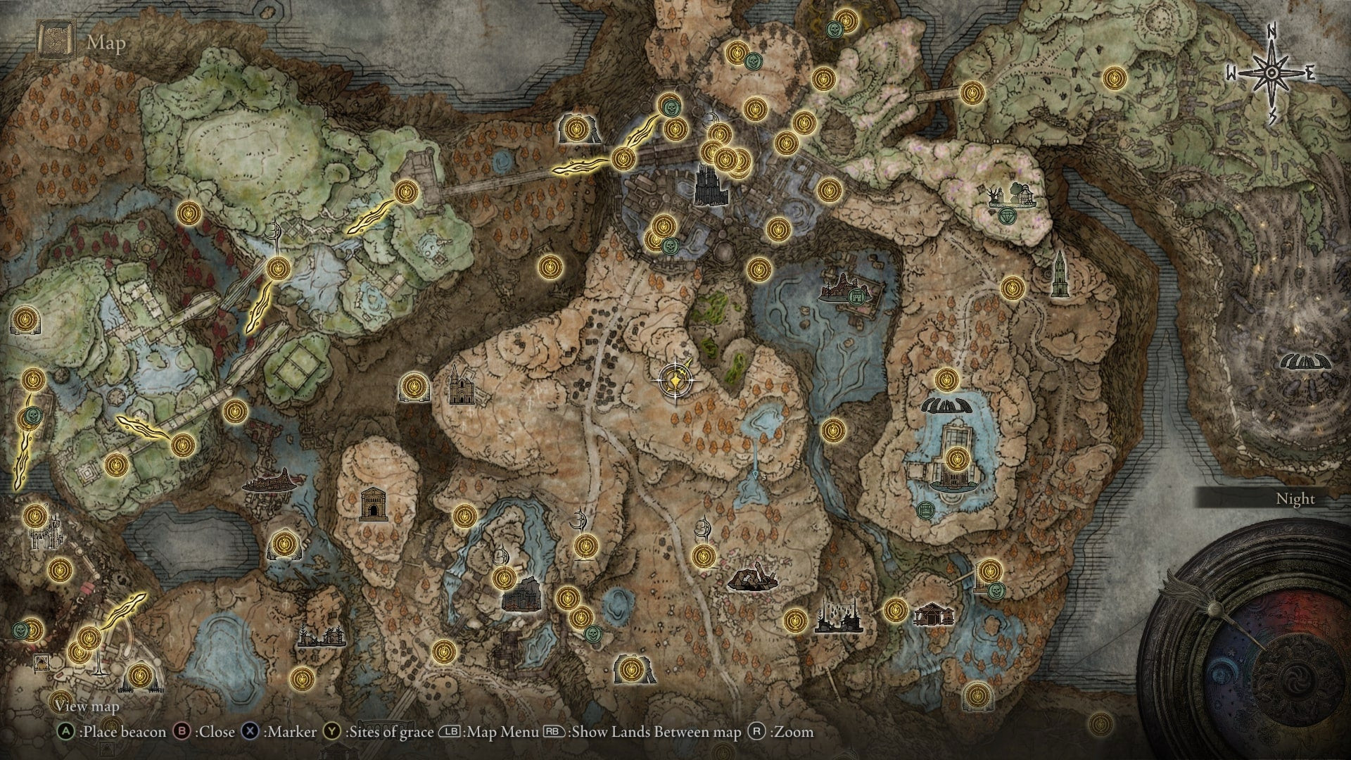 На карте Elden Ring Shadow of the Erdtree отмечено место Слезы личинки к северу от места благодати «Крест у дороги»