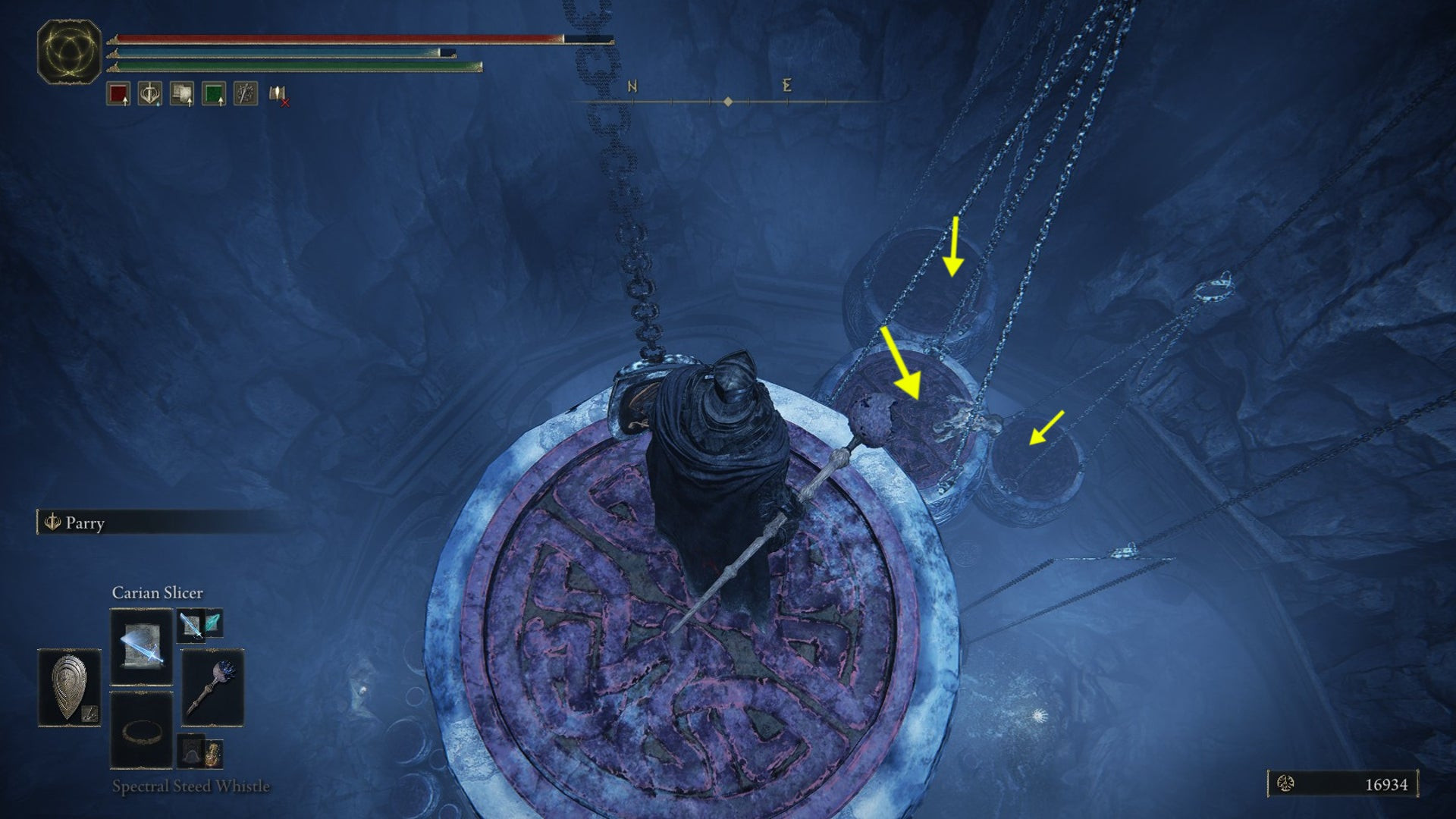 Прыжки по кувшинам, висящим на цепях, в Тюрьме в Белурате в Elden Ring: Shadow of the Erdtree. Жёлтые стрелки отмечают направление движения.