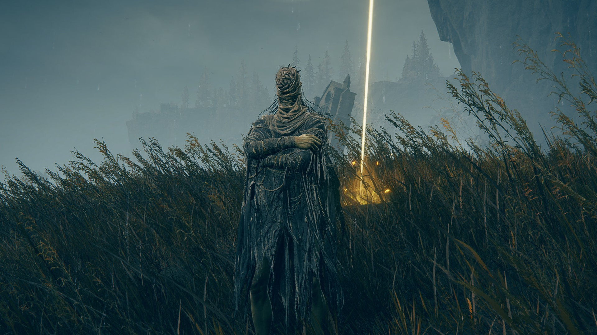 Скриншот Elden Ring: Shadow Of The Erdtree, на котором NPC Роговест стоит рядом с крестом Микеллы в Царстве Теней.