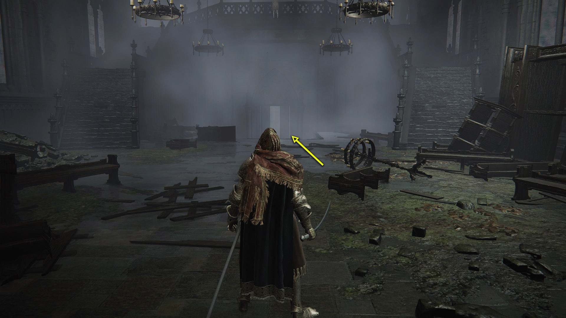 Скриншот Elden Ring: Shadow Of The Erdtree, где Погасший стоит у двери, ведущей в Проход почитателей Древа.