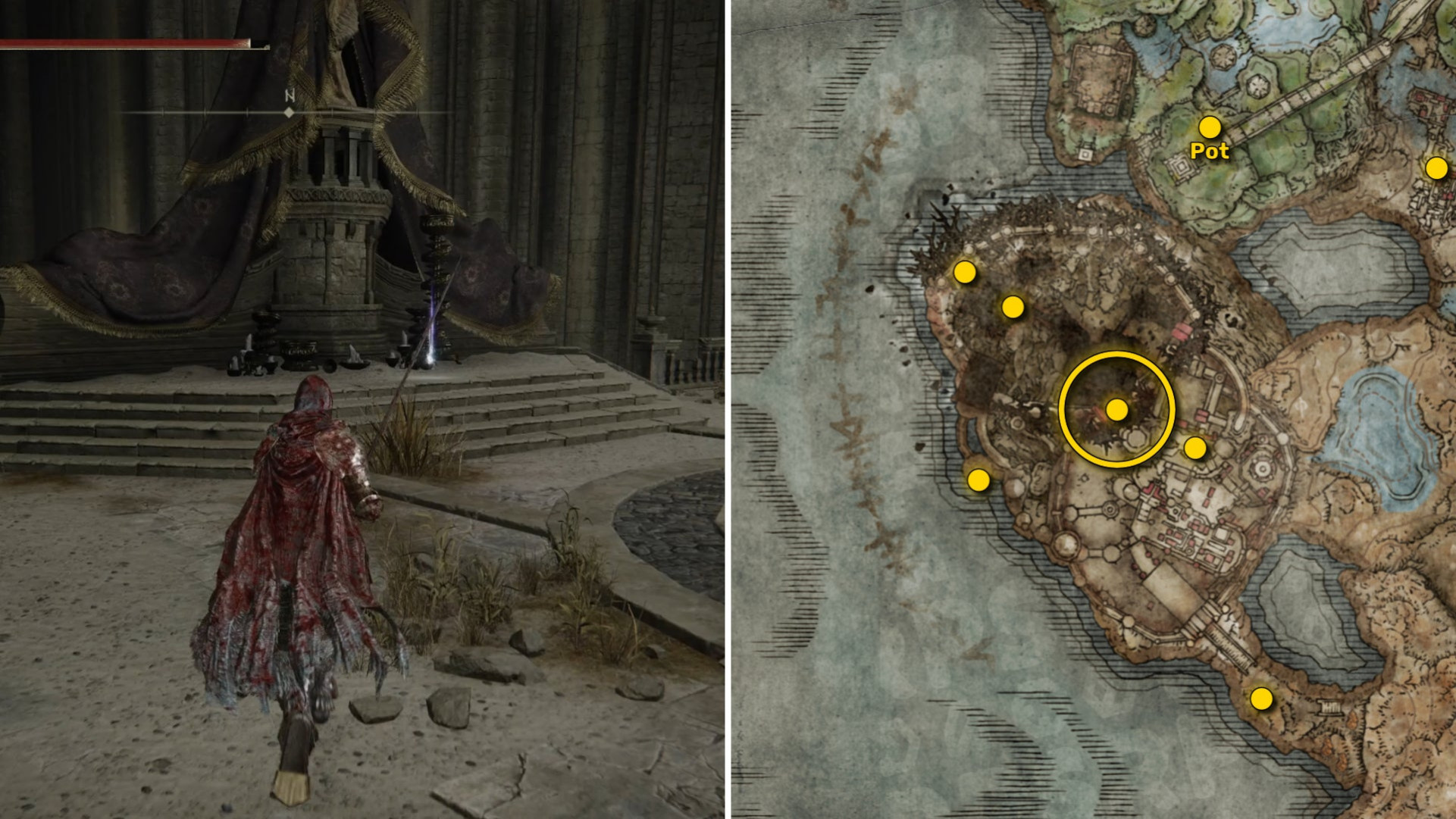 Два скриншота из Elden Ring: Shadow Of The Erdtree. Слева: игрок подходит к осколку Древа Упадка. Справа: местоположение этого осколка Древа Упадка на карте.
