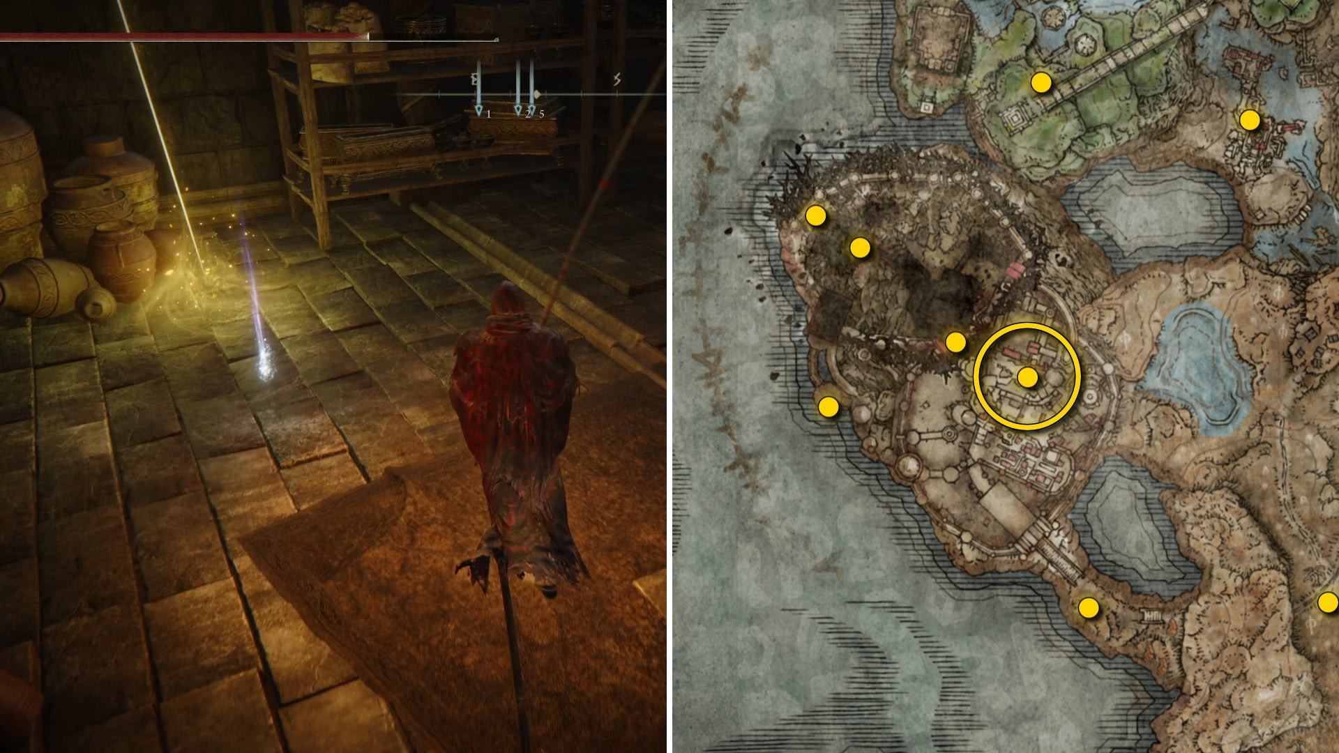Два скриншота из Elden Ring: Shadow Of The Erdtree. Слева: игрок подходит к осколку Древа Упадка. Справа: местоположение этого осколка Древа Упадка на карте.