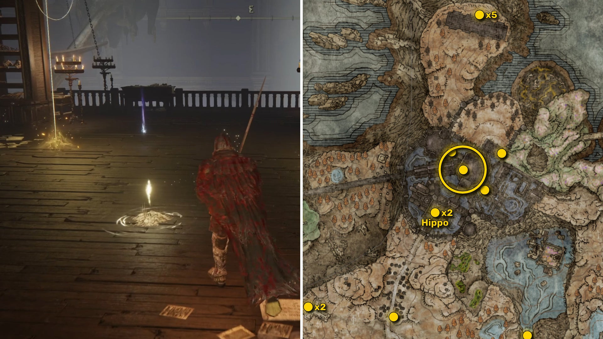 Два скриншота из Elden Ring: Shadow Of The Erdtree. Слева: игрок подходит к осколку Древа Упадка. Справа: местоположение этого осколка Древа Упадка на карте.