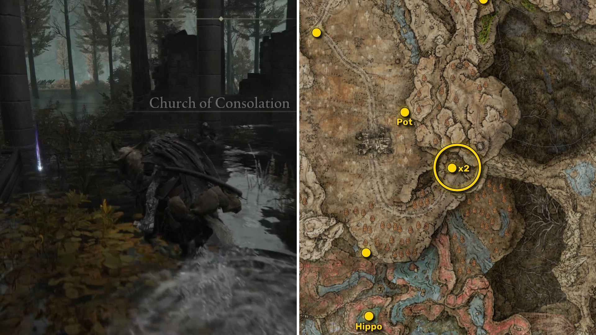 Два скриншота из Elden Ring: Shadow Of The Erdtree. Слева: игрок подходит к осколку Древа Упадка. Справа: местоположение этого осколка Древа Упадка на карте.