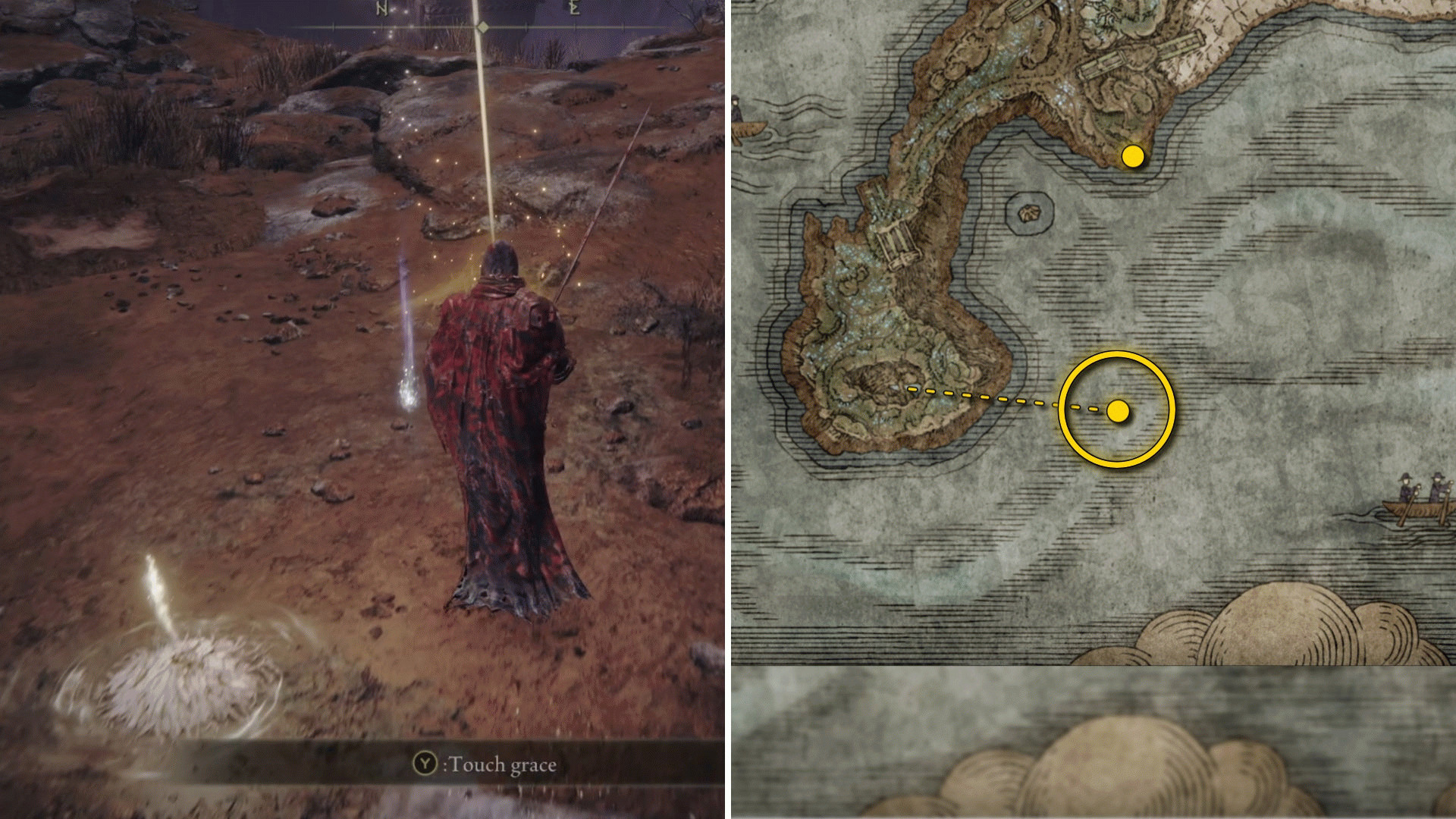 Два скриншота из Elden Ring: Shadow Of The Erdtree. Слева: игрок подходит к осколку Древа Упадка. Справа: местоположение этого осколка Древа Упадка на карте.