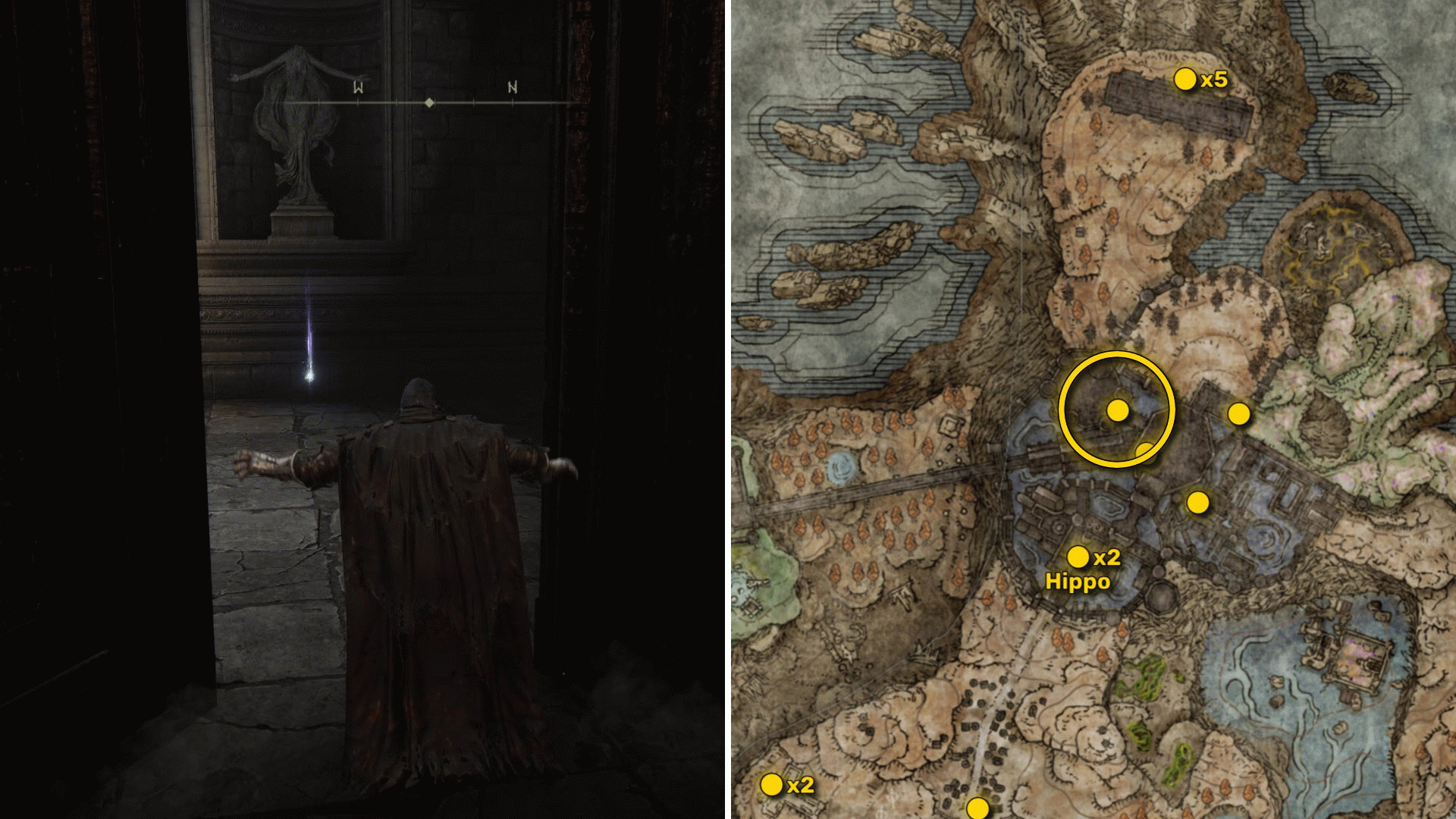Два скриншота из Elden Ring: Shadow Of The Erdtree. Слева: игрок подходит к осколку Древа Упадка. Справа: местоположение этого осколка Древа Упадка на карте.