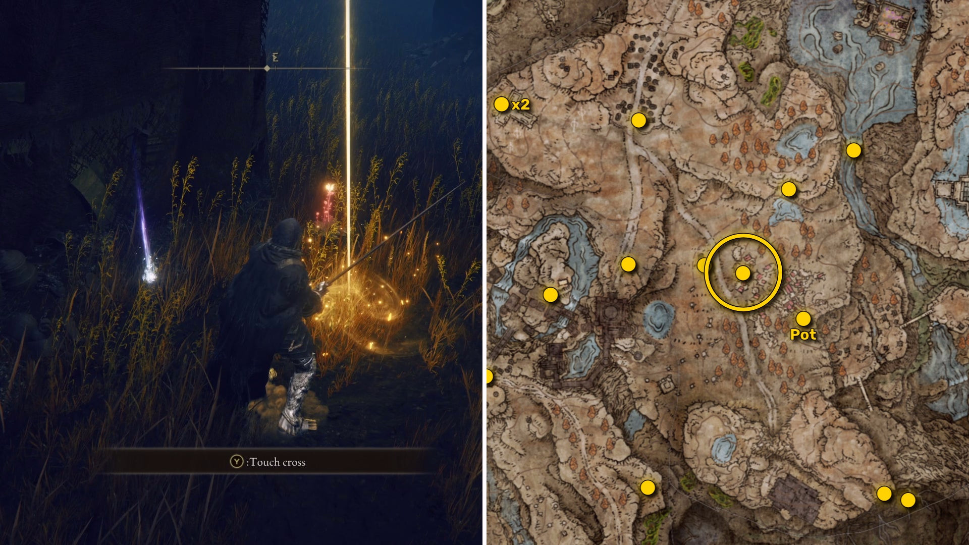 Два скриншота из Elden Ring: Shadow Of The Erdtree. Слева: игрок подходит к осколку Древа Упадка. Справа: местоположение этого осколка Древа Упадка на карте.