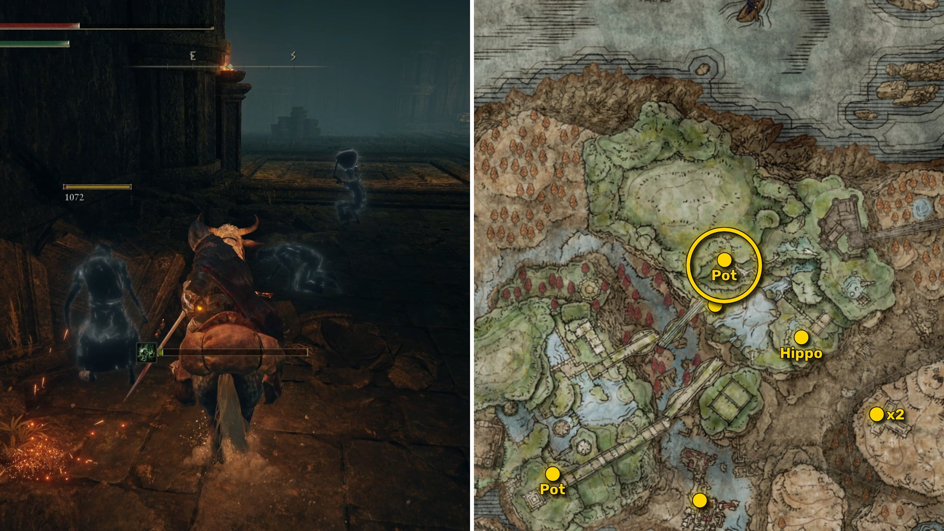Два скриншота из Elden Ring: Shadow Of The Erdtree. Слева: игрок подходит к осколку Древа Упадка. Справа: местоположение этого осколка Древа Упадка на карте.