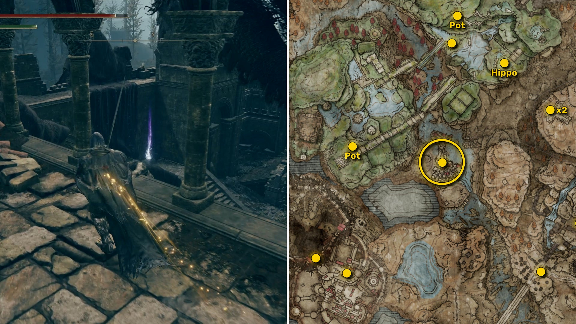 Два скриншота из Elden Ring: Shadow Of The Erdtree. Слева: игрок подходит к осколку Древа Упадка. Справа: местоположение этого осколка Древа Упадка на карте.