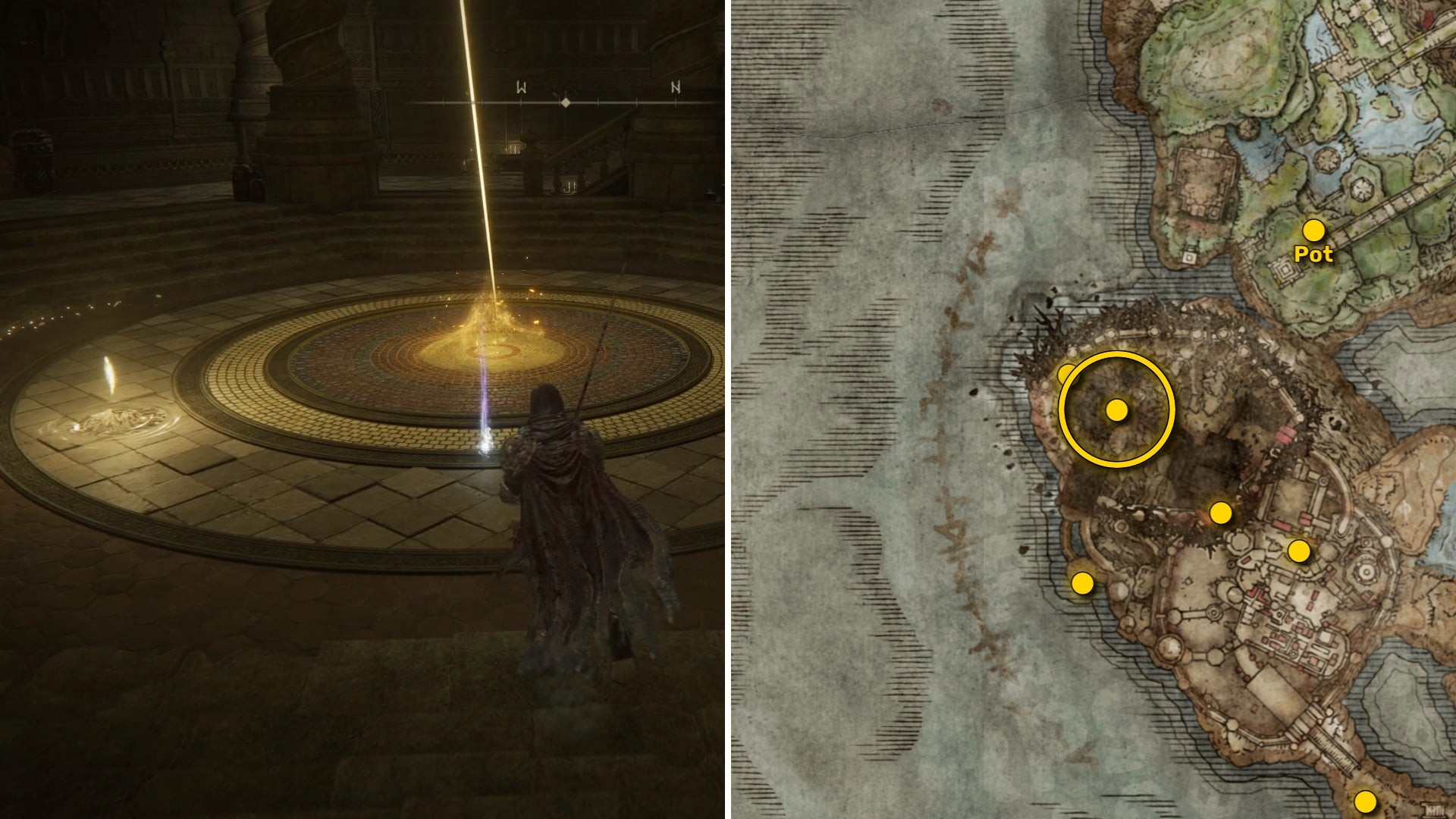 Два скриншота из Elden Ring: Shadow Of The Erdtree. Слева: игрок подходит к осколку Древа Упадка. Справа: местоположение этого осколка Древа Упадка на карте.