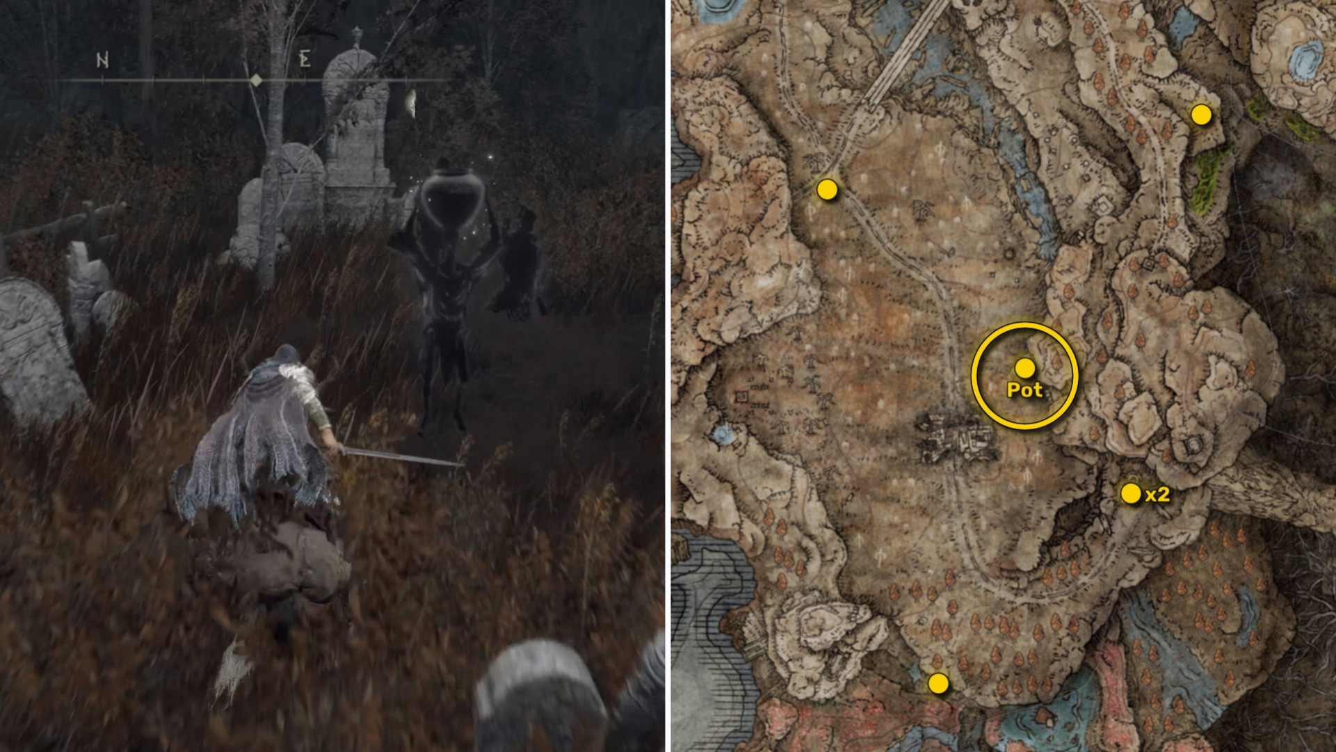 Два скриншота из Elden Ring: Shadow Of The Erdtree. Слева: игрок подходит к осколку Древа Упадка. Справа: местоположение этого осколка Древа Упадка на карте.