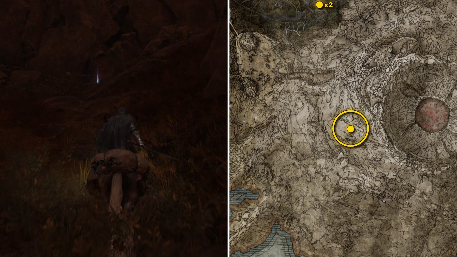 Два скриншота из Elden Ring: Shadow Of The Erdtree. Слева: игрок подходит к осколку Древа Упадка. Справа: местоположение этого осколка Древа Упадка на карте.