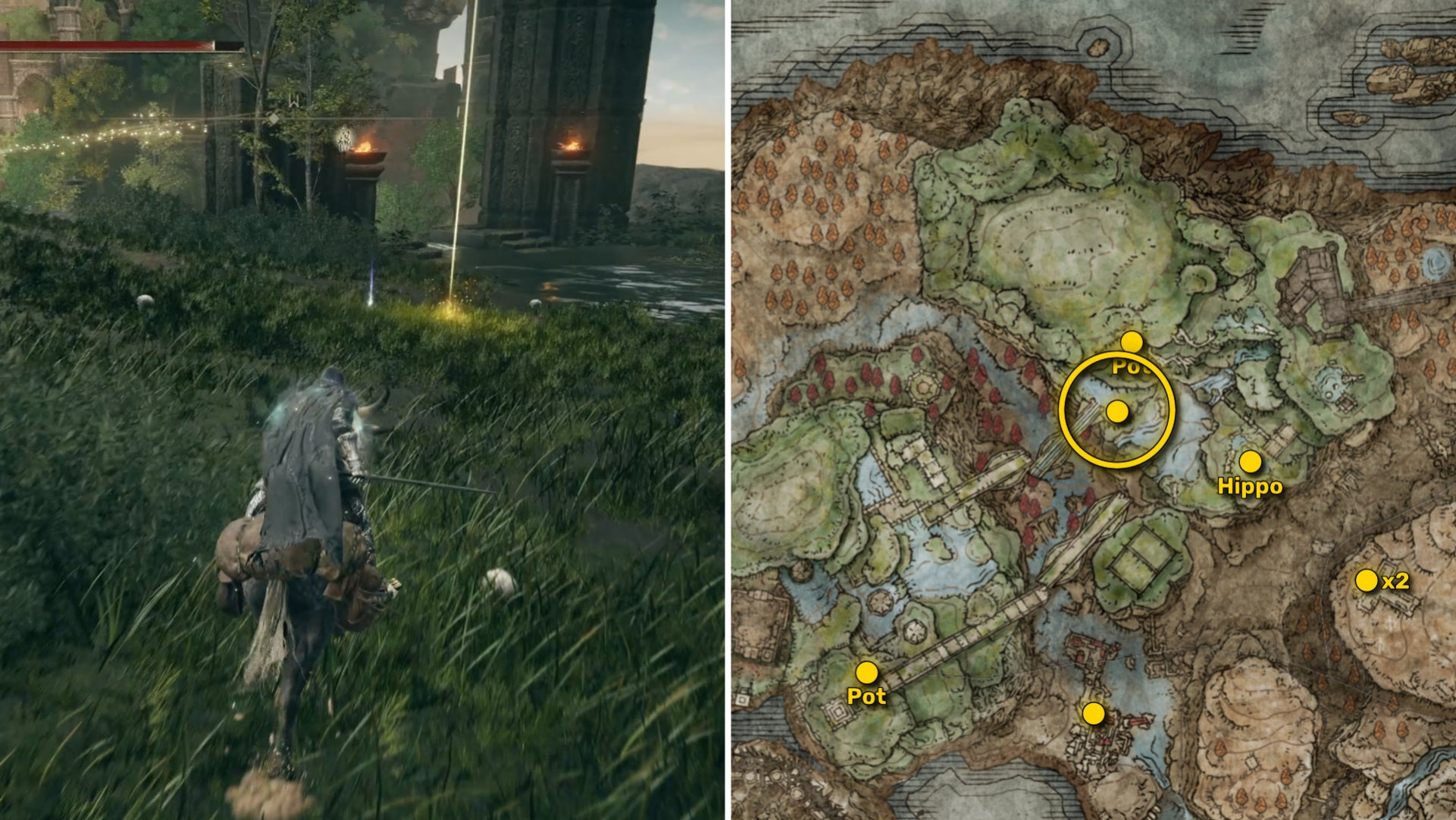 Два скриншота из Elden Ring: Shadow Of The Erdtree. Слева: игрок подходит к осколку Древа Упадка. Справа: местоположение этого осколка Древа Упадка на карте.