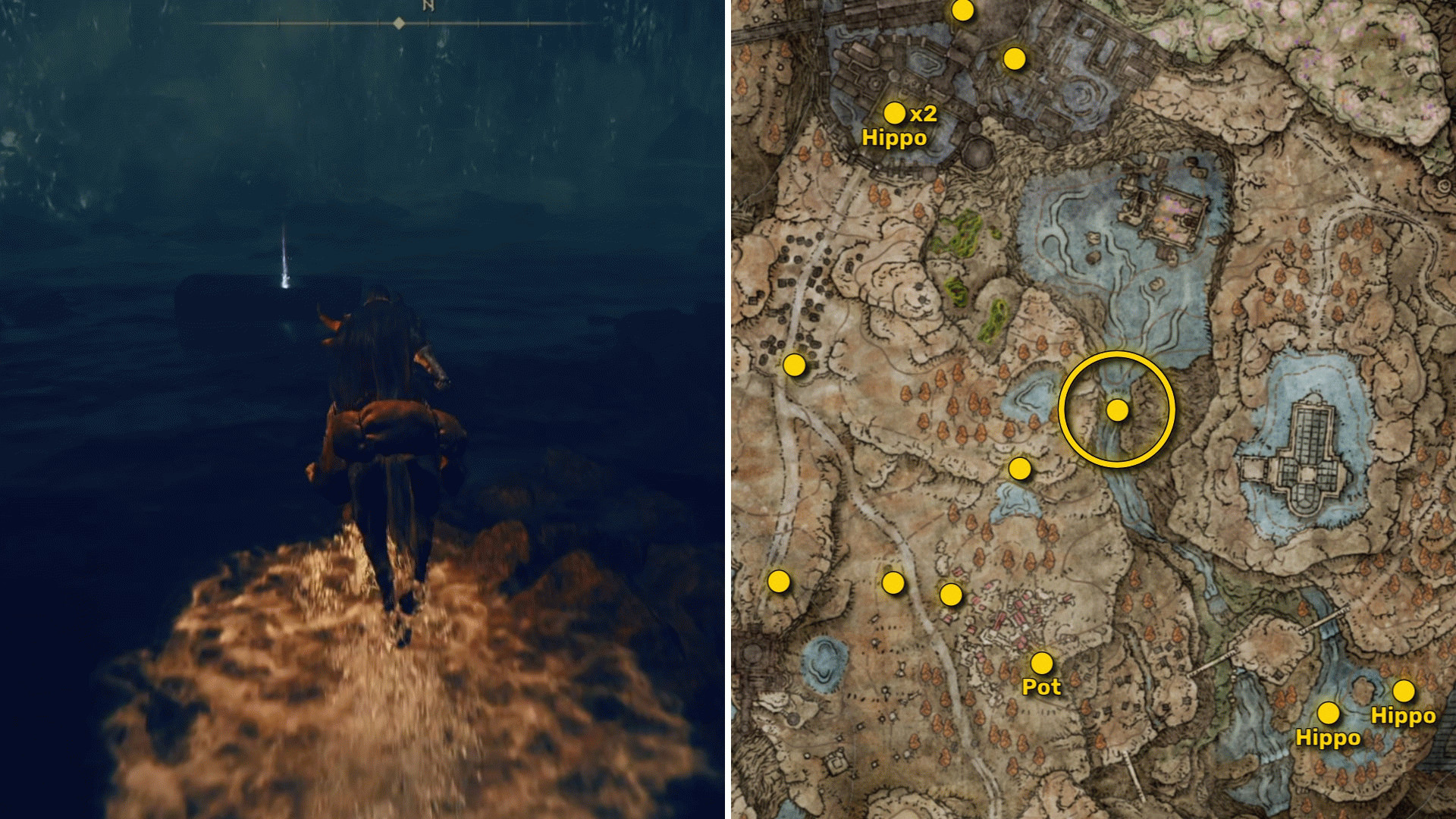 Два скриншота из Elden Ring: Shadow Of The Erdtree. Слева: игрок подходит к осколку Древа Упадка. Справа: местоположение этого осколка Древа Упадка на карте.