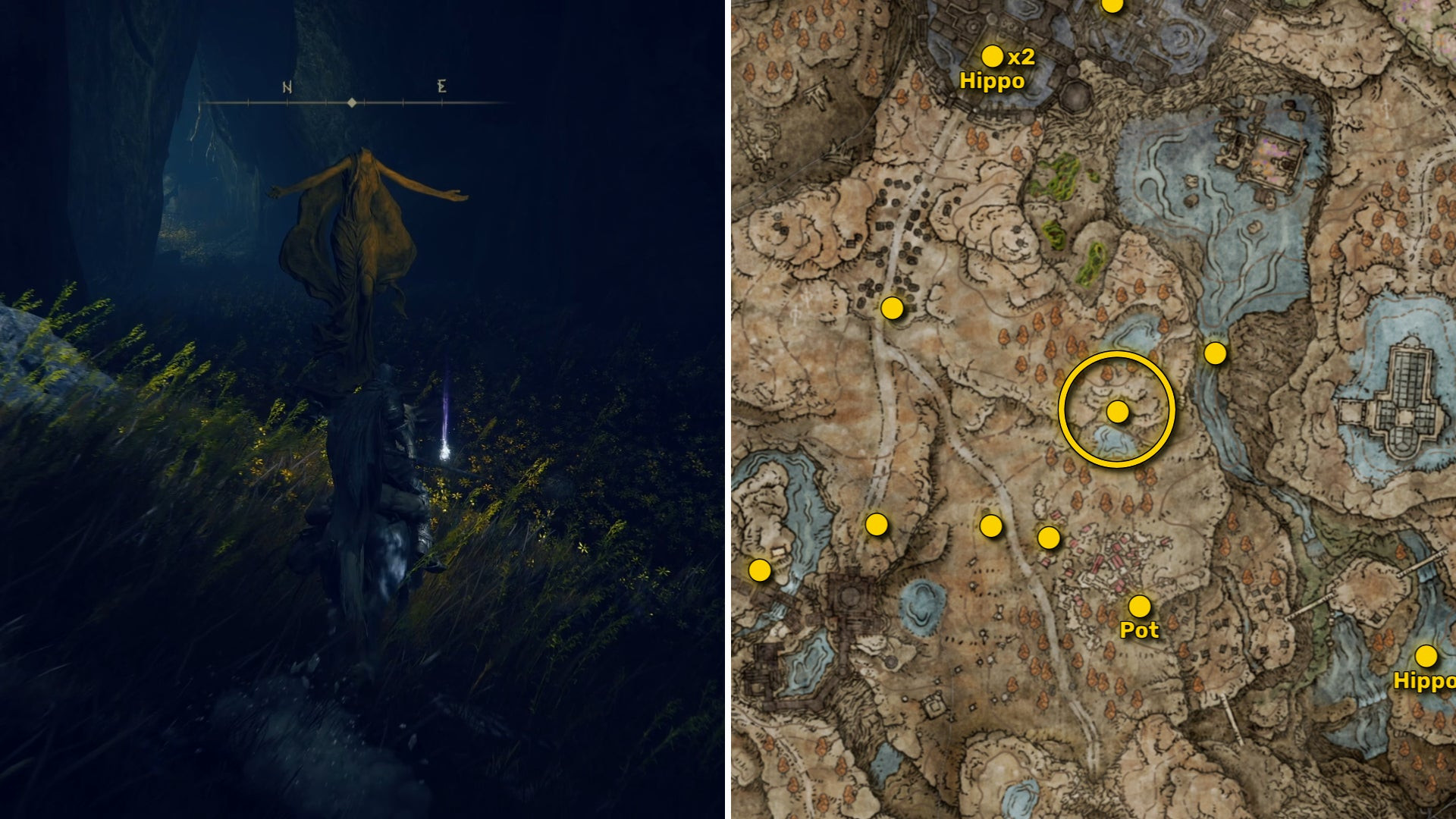 Два скриншота из Elden Ring: Shadow Of The Erdtree. Слева: игрок подходит к осколку Древа Упадка. Справа: местоположение этого осколка Древа Упадка на карте.