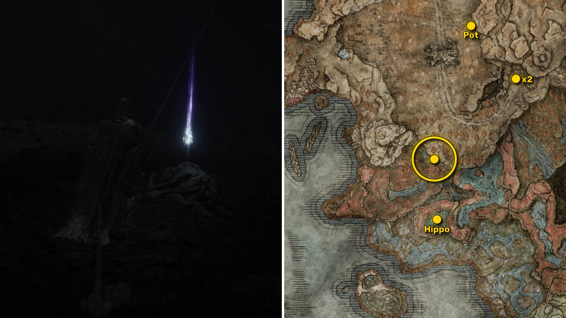 Два скриншота из Elden Ring: Shadow Of The Erdtree. Слева: игрок подходит к осколку Древа Упадка. Справа: местоположение этого осколка Древа Упадка на карте.