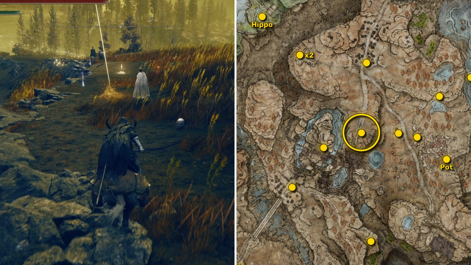 Два скриншота из Elden Ring: Shadow Of The Erdtree. Слева: игрок подходит к осколку Древа Упадка. Справа: местоположение этого осколка Древа Упадка на карте.