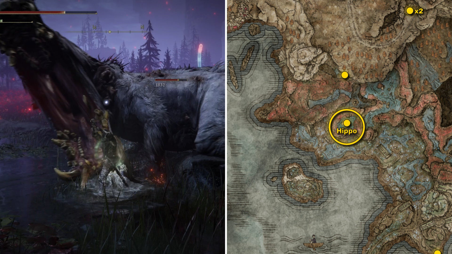 Два скриншота из Elden Ring: Shadow Of The Erdtree. Слева: игрок подходит к осколку Древа Упадка. Справа: местоположение этого осколка Древа Упадка на карте.