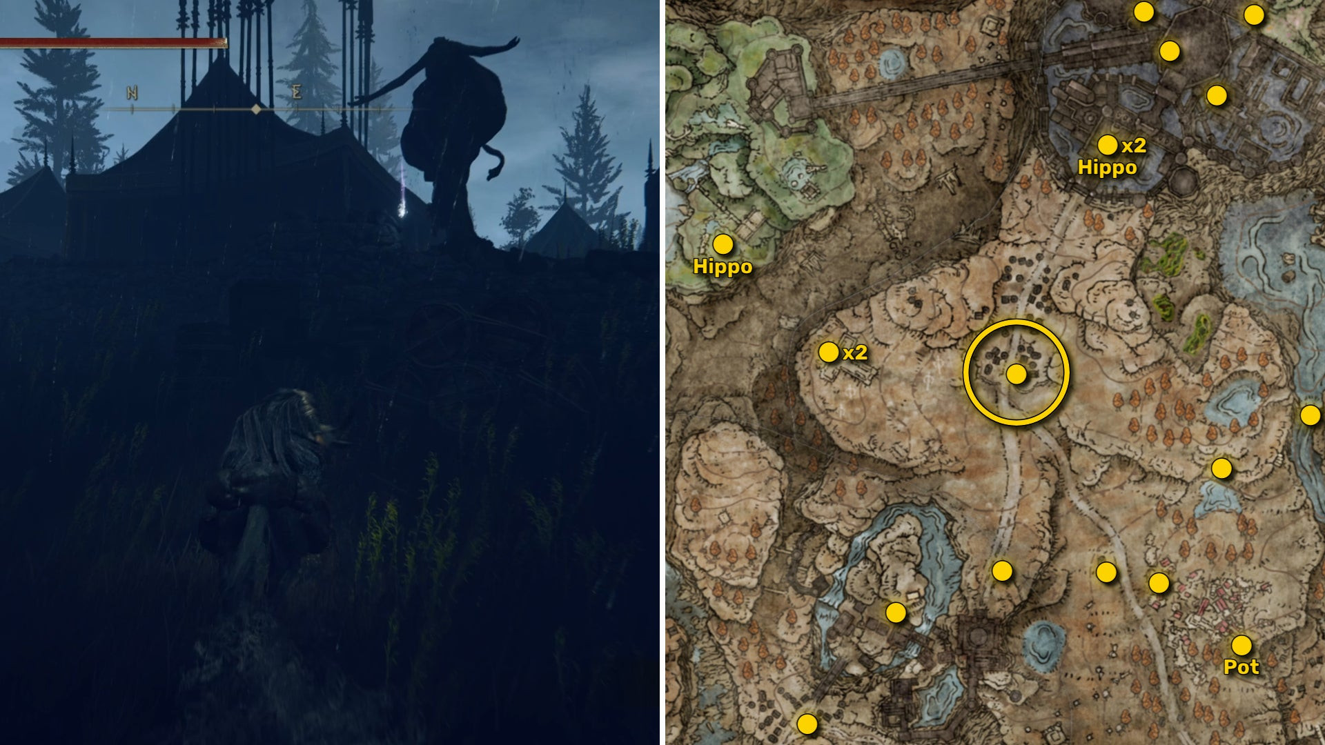 Два скриншота из Elden Ring: Shadow Of The Erdtree. Слева: игрок подходит к осколку Древа Упадка. Справа: местоположение этого осколка Древа Упадка на карте.