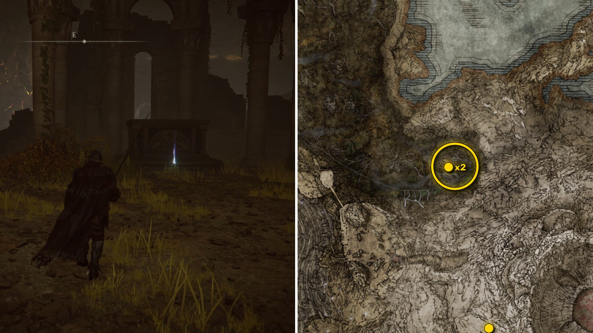 Два скриншота из Elden Ring: Shadow Of The Erdtree. Слева: игрок подходит к осколку Древа Упадка. Справа: местоположение этого осколка Древа Упадка на карте.