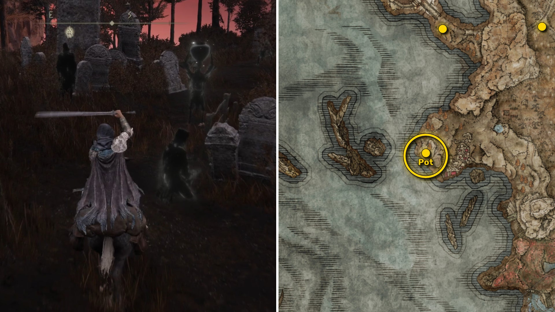 Два скриншота из Elden Ring: Shadow Of The Erdtree. Слева: игрок подходит к осколку Древа Упадка. Справа: местоположение этого осколка Древа Упадка на карте.