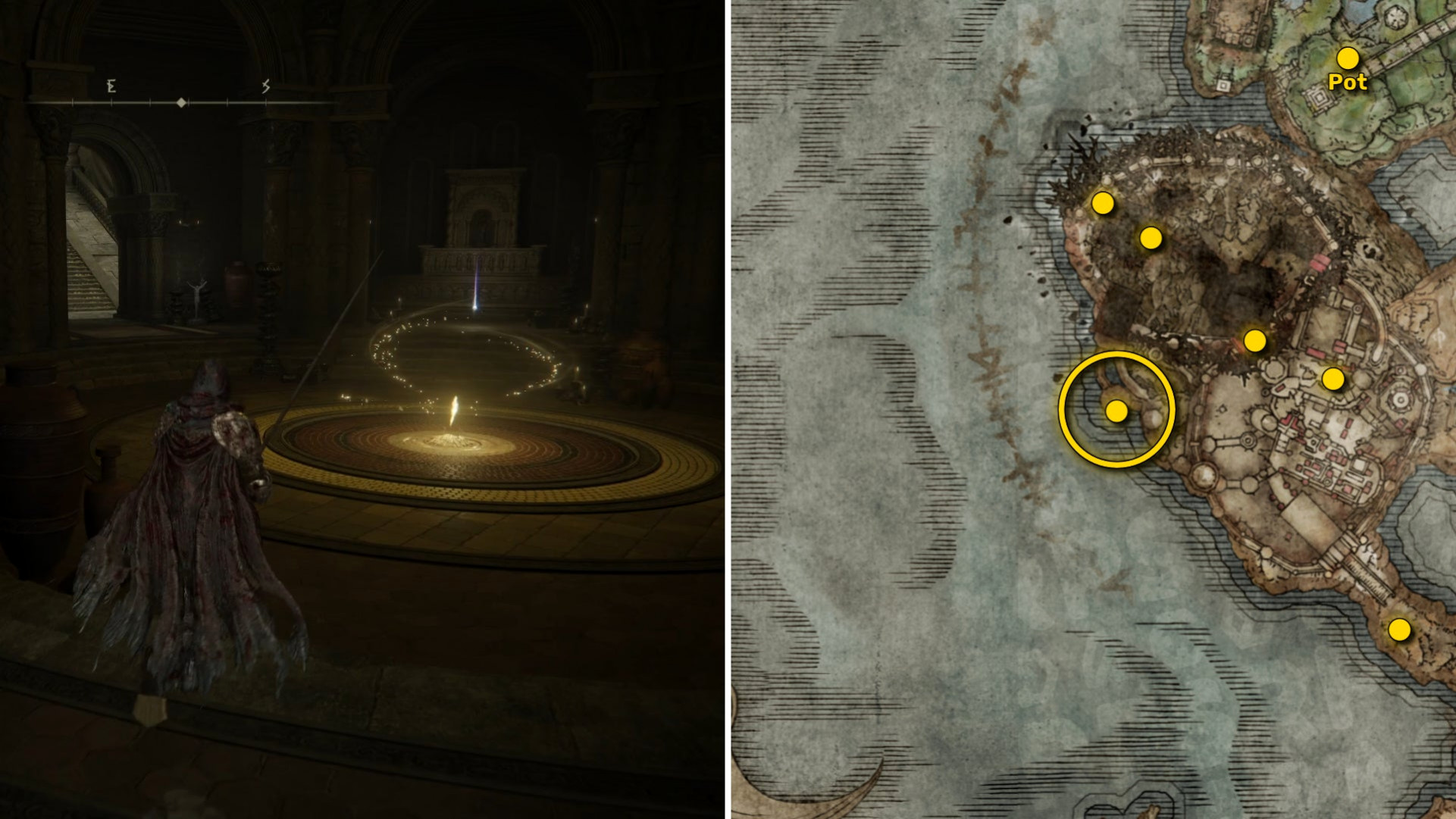Два скриншота из Elden Ring: Shadow Of The Erdtree. Слева: игрок подходит к осколку Древа Упадка. Справа: местоположение этого осколка Древа Упадка на карте.