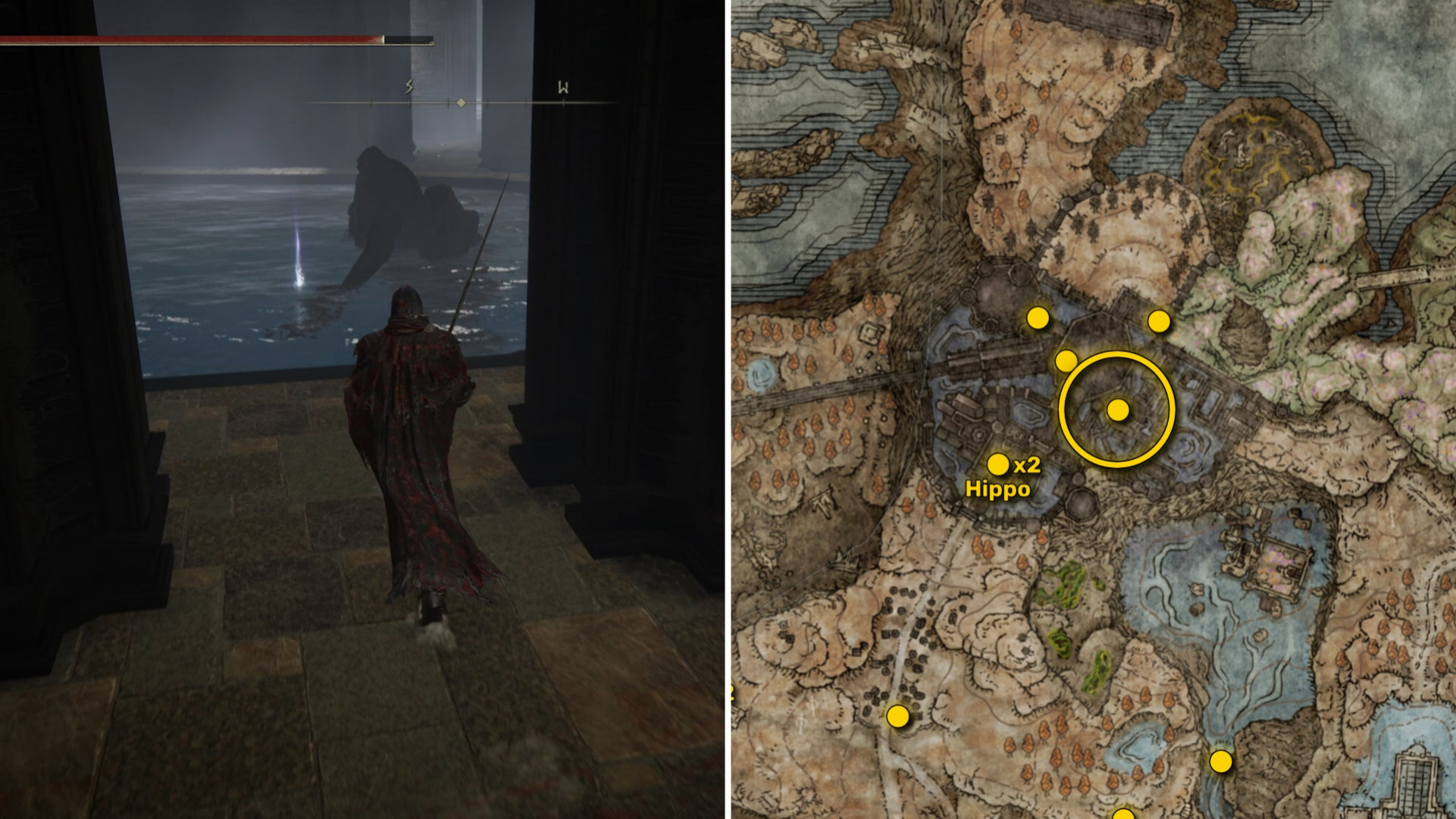 Два скриншота из Elden Ring: Shadow Of The Erdtree. Слева: игрок подходит к осколку Древа Упадка. Справа: местоположение этого осколка Древа Упадка на карте.