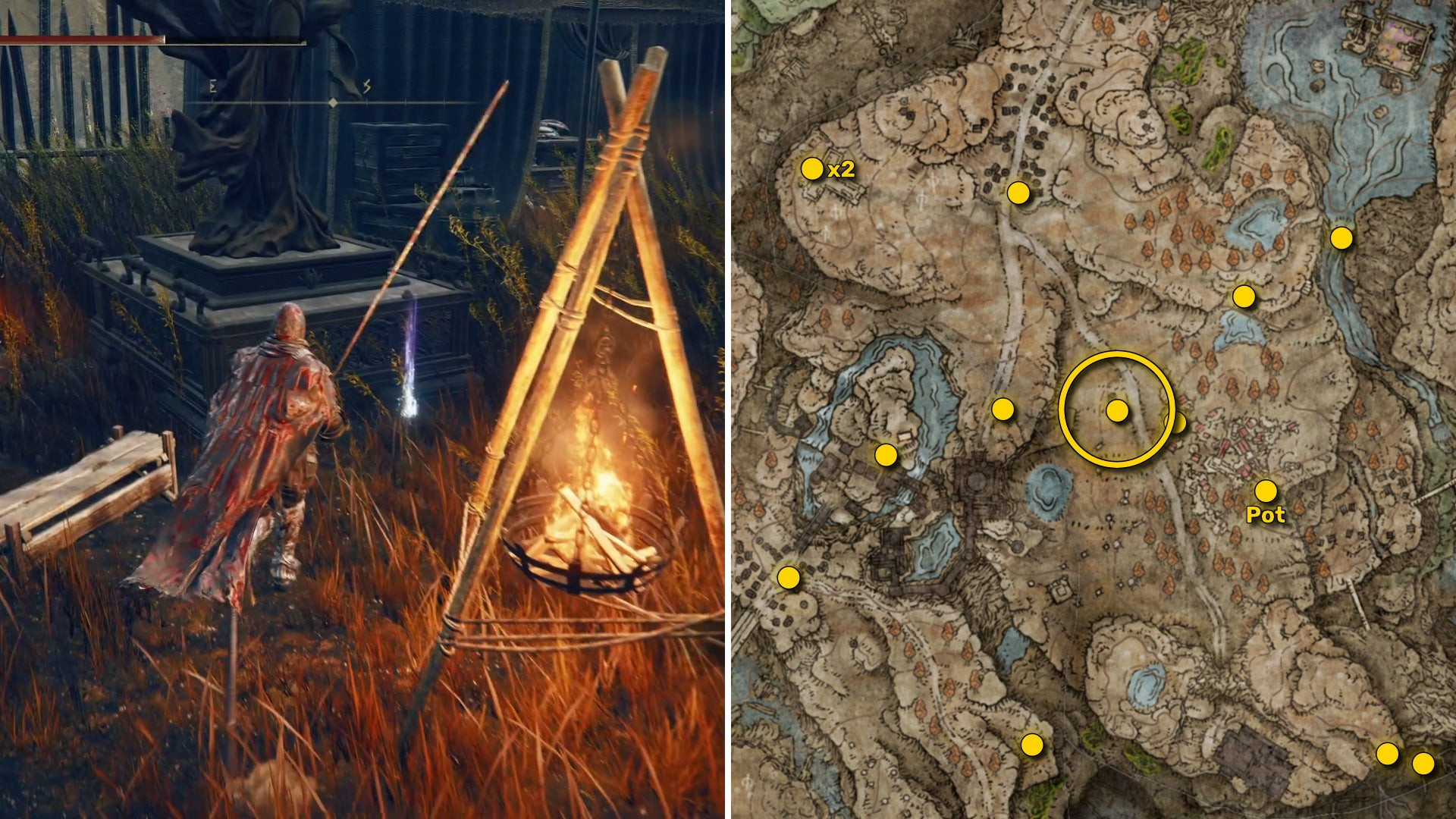 Два скриншота из Elden Ring: Shadow Of The Erdtree. Слева: игрок подходит к осколку Древа Упадка. Справа: местоположение этого осколка Древа Упадка на карте.