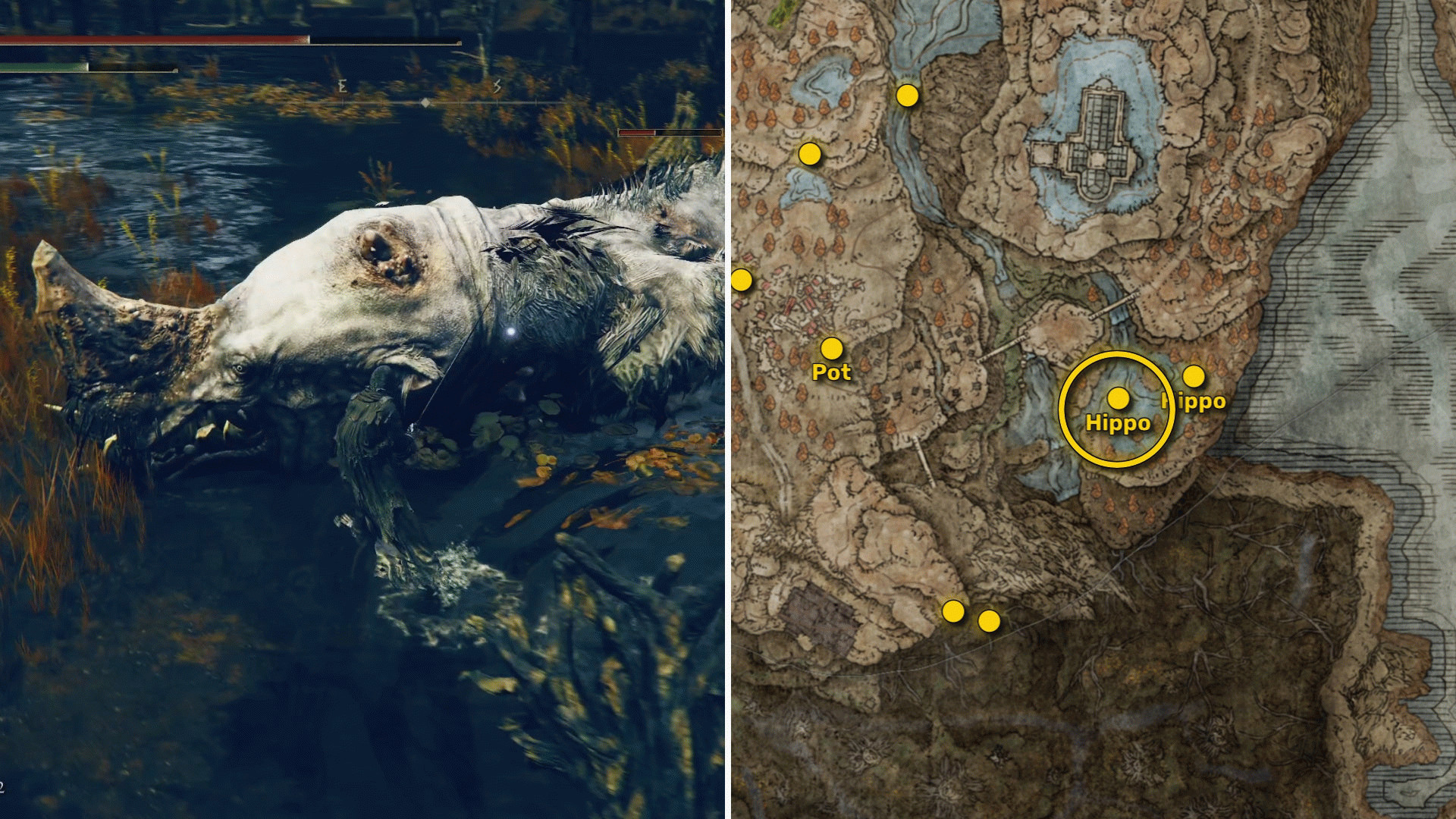Два скриншота из Elden Ring: Shadow Of The Erdtree. Слева: игрок подходит к осколку Древа Упадка. Справа: местоположение этого осколка Древа Упадка на карте.