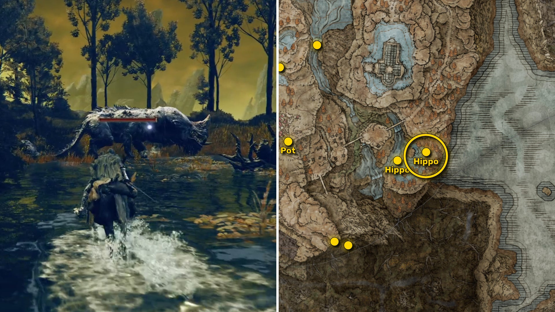 Два скриншота из Elden Ring: Shadow Of The Erdtree. Слева: игрок подходит к осколку Древа Упадка. Справа: местоположение этого осколка Древа Упадка на карте.