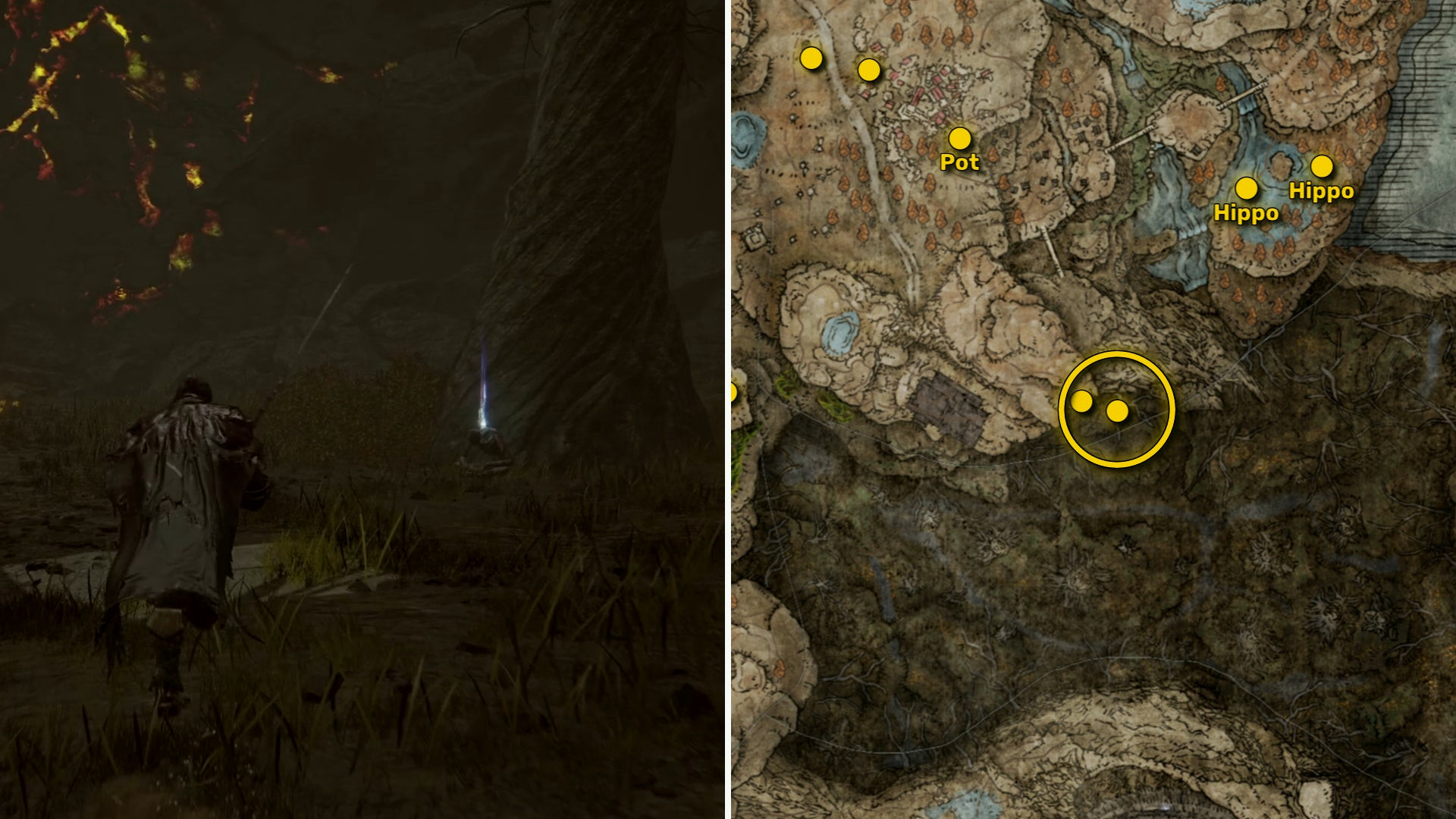 Два скриншота из Elden Ring: Shadow Of The Erdtree. Слева: игрок подходит к осколку Древа Упадка. Справа: местоположение этого осколка Древа Упадка на карте.