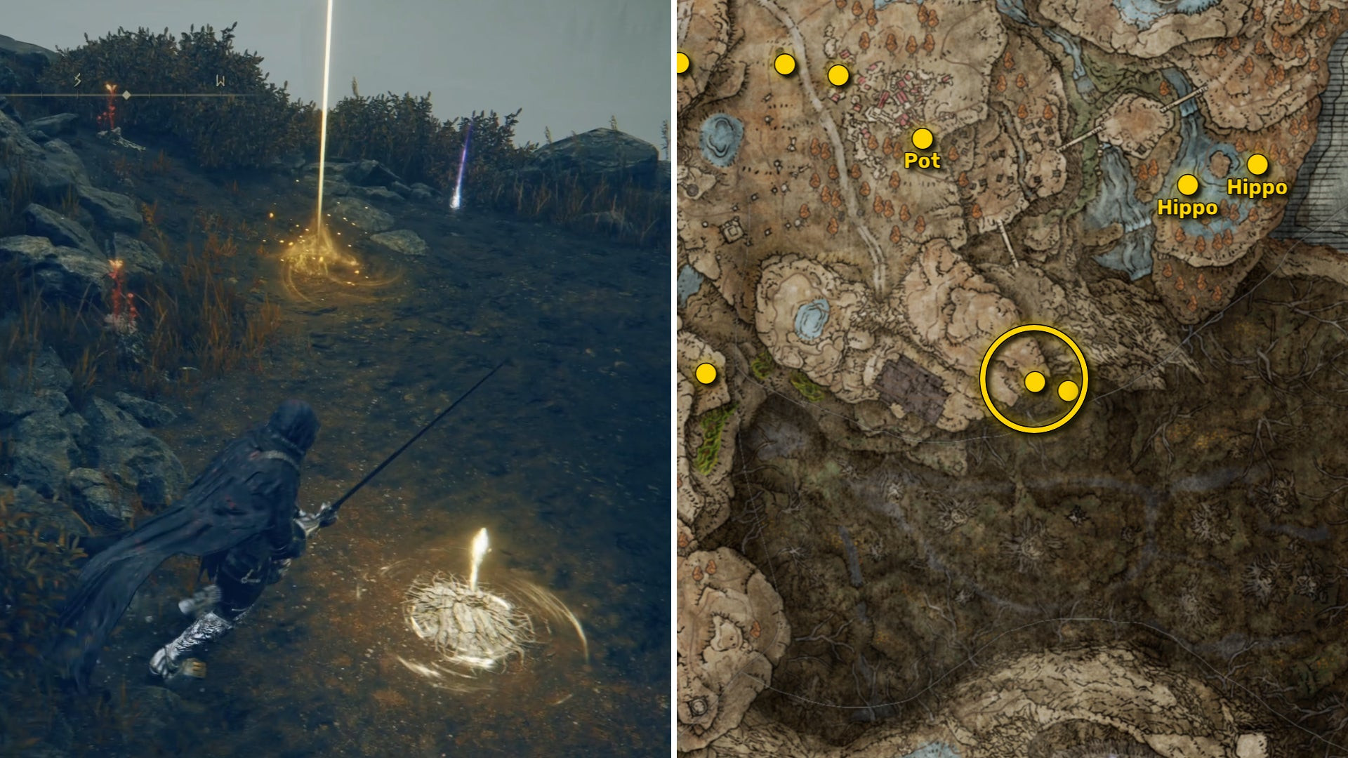 Два скриншота из Elden Ring: Shadow Of The Erdtree. Слева: игрок подходит к осколку Древа Упадка. Справа: местоположение этого осколка Древа Упадка на карте.