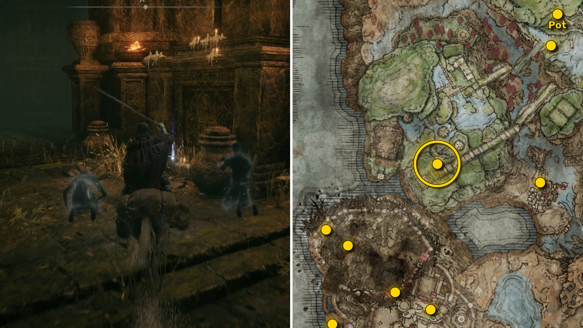 Два скриншота из Elden Ring: Shadow Of The Erdtree. Слева: игрок подходит к осколку Древа Упадка. Справа: местоположение этого осколка Древа Упадка на карте.