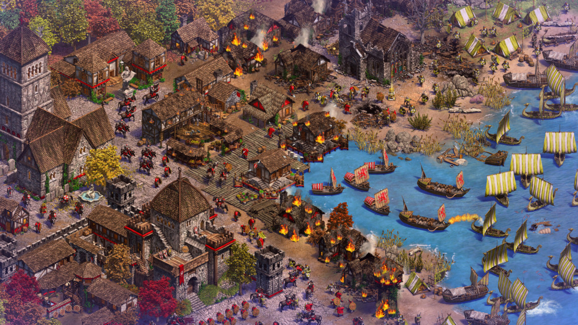 Геймплей Age of Empires 2: DE – The Viking Sagas: корабли высаживаются у прибрежного города.