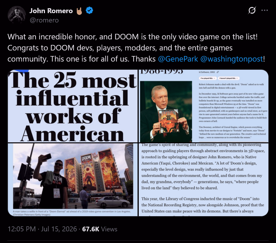 Какая невероятная честь – и DOOM стала единственной видеоигрой в этом списке! Поздравляю разработчиков DOOM, игроков, моддеров и все игровое сообщество. Эта победа для всех нас. Спасибо @GenePark @washingtonpost!