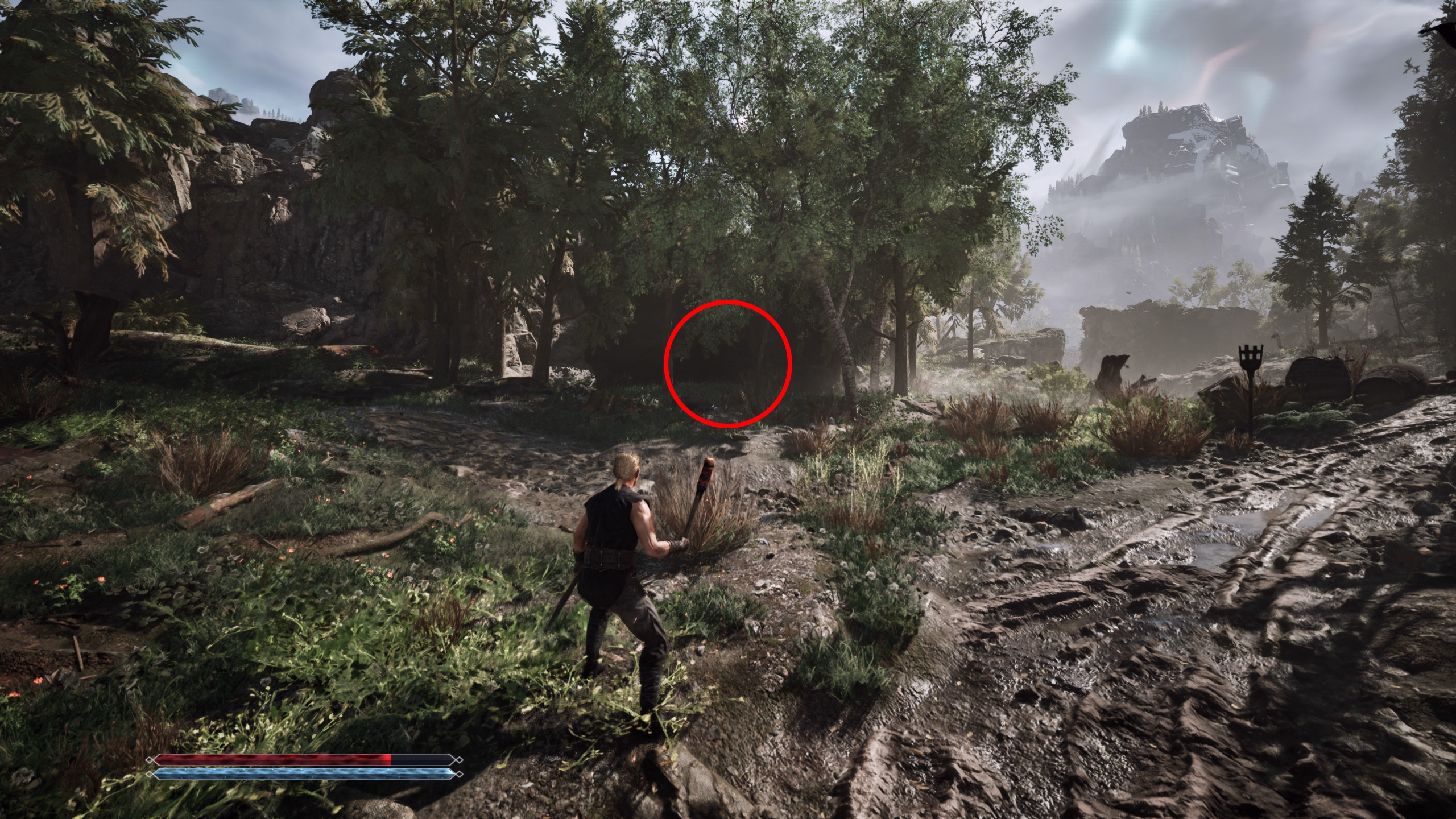 Gothic 1 Remake Рецепт Снафа: игрок смотрит на пещеру в лесу, которая обведена красным.