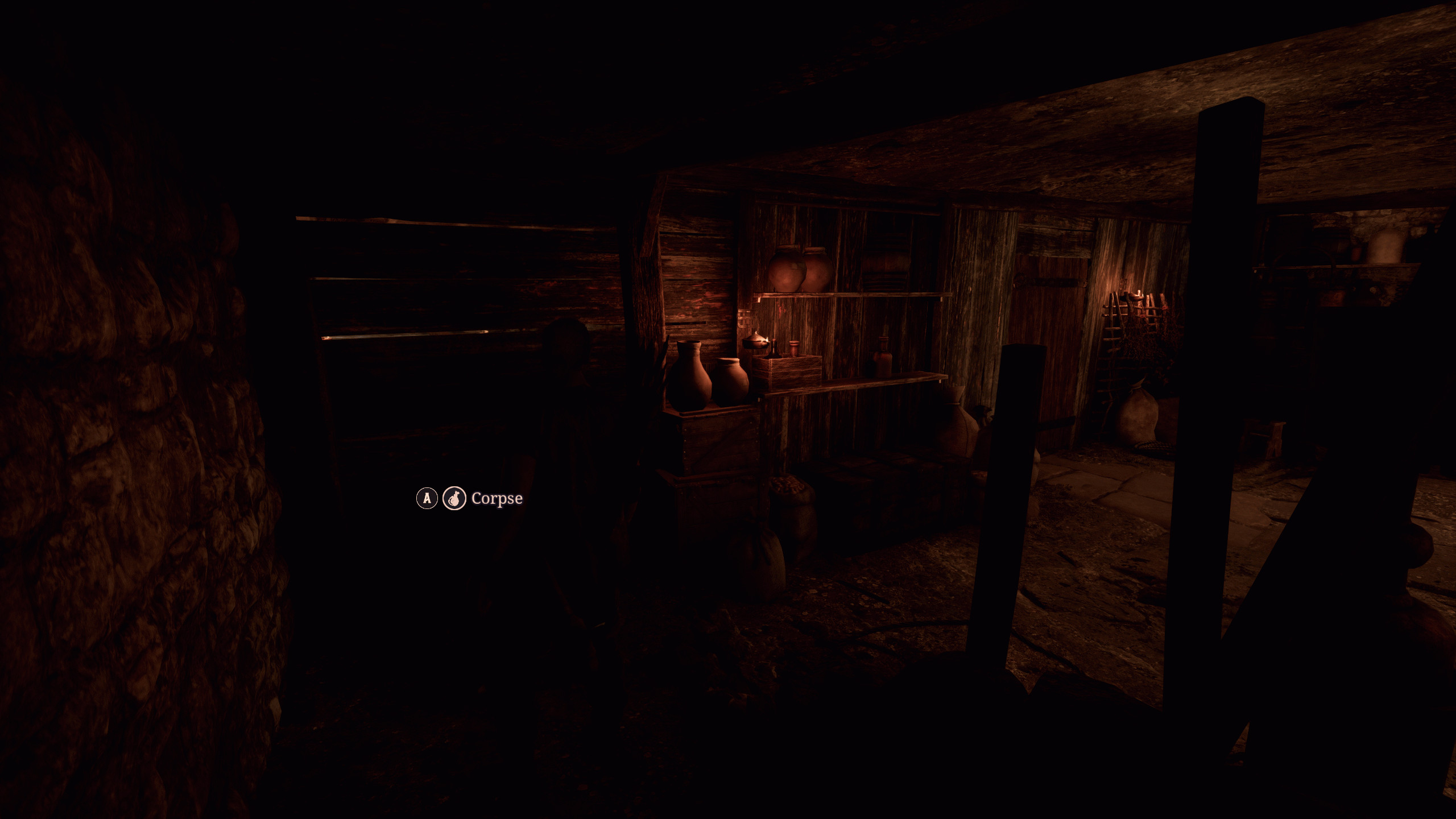 Gothic 1 Remake Новый лагерь: игрок смотрит на тело Брана в темном подвале таверны.