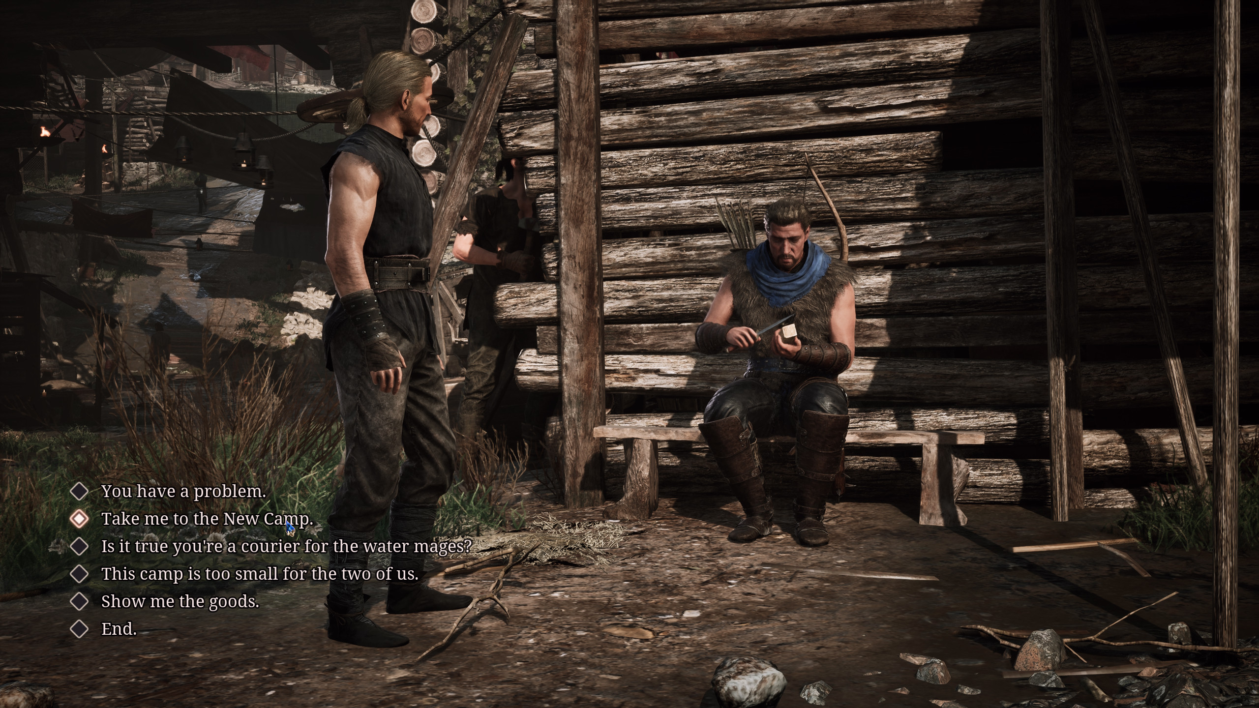 Gothic 1 Remake, Новый лагерь: игрок собирается попросить Мордрага, сидящего на скамейке, отвести его в Новый лагерь.