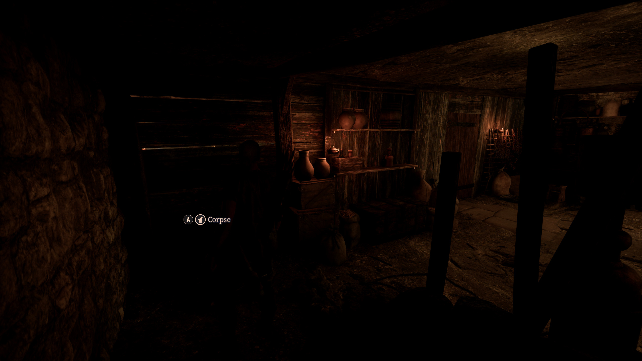 Gothic 1 Remake, Новый лагерь: игрок смотрит на тело Брана в тёмном подвале таверны.