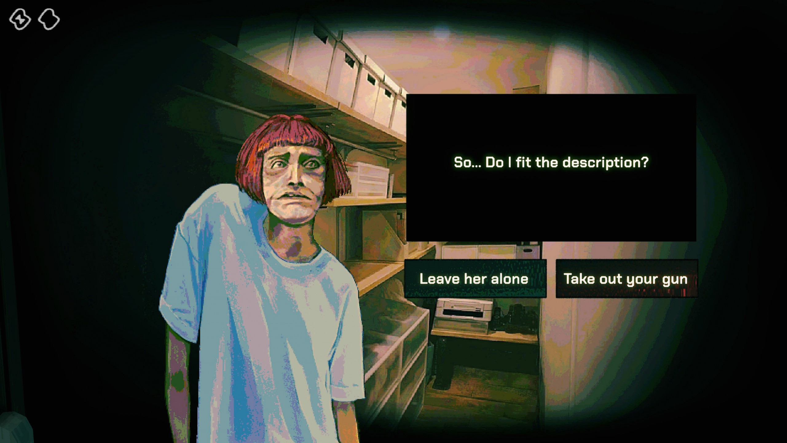 Женщина с испуганным видом спрашивает, «подхожу ли я под описание», у игрока есть выбор — оставить её в покое или достать пистолет.