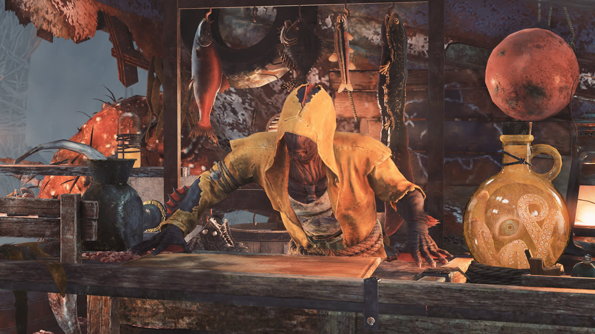 Обновление Fallout 76 о рыбалке - Фигура в капюшоне за стойкой в Fisherman's Rest.