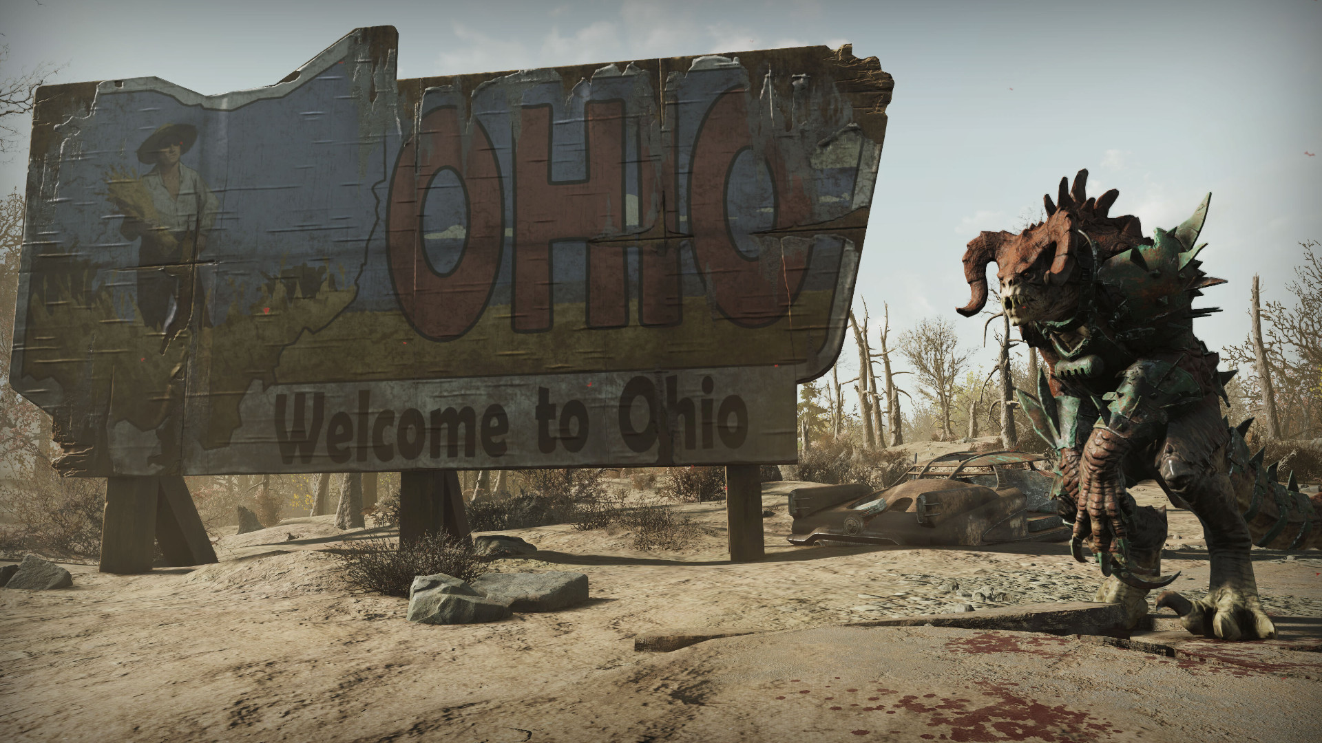 Fallout 76 Burning Springs — Коготь смерти в броне у таблички «Welcome to Ohio».