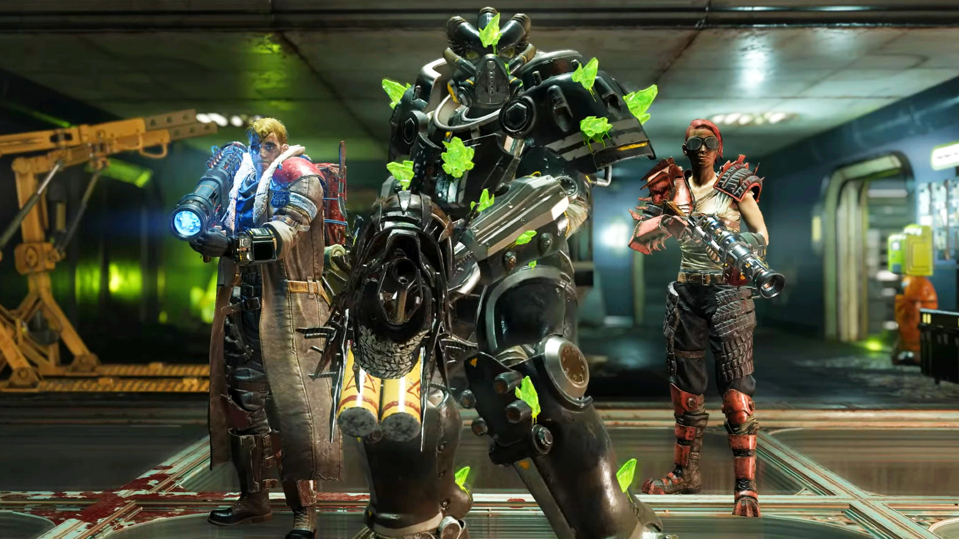 Fallout 76 — билды и снаряжение: три игрока в разной экипировке в ролевой игре от Bethesda.