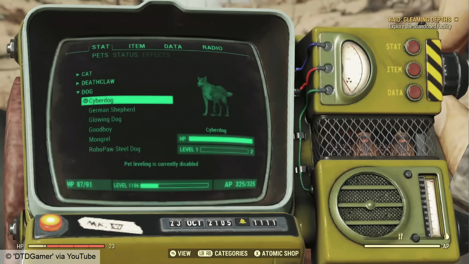 Меню питомцев в мире Fallout 76 – доступные вам варианты, кадр предоставлен DTDGamer через YouTube.